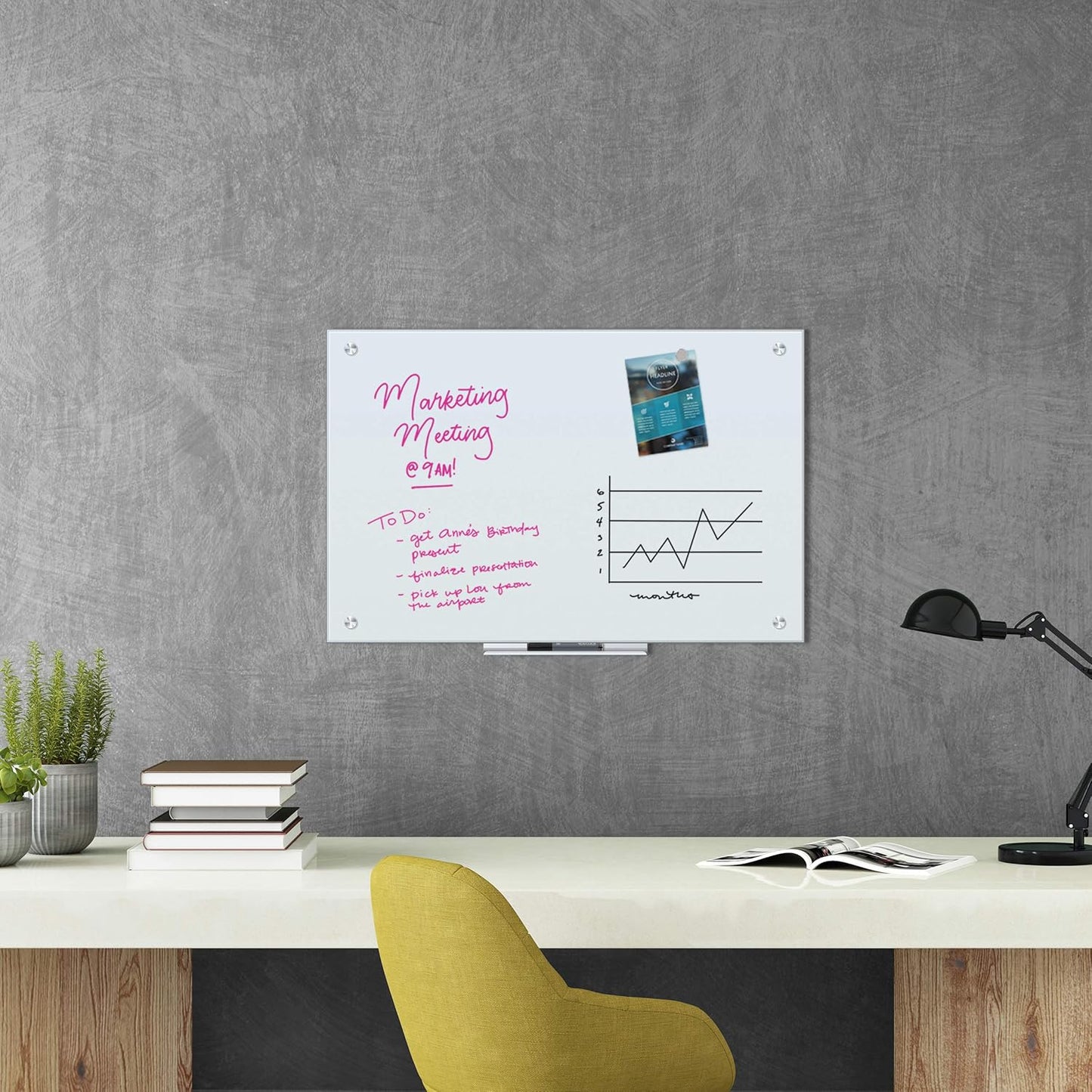 U Brands Magnetic Glass Dry Erase Board, Only for Use with HIGH Energy Magnets, 24” x 36" Inches, White Frosted Surface, Frameless (2298U00-01)