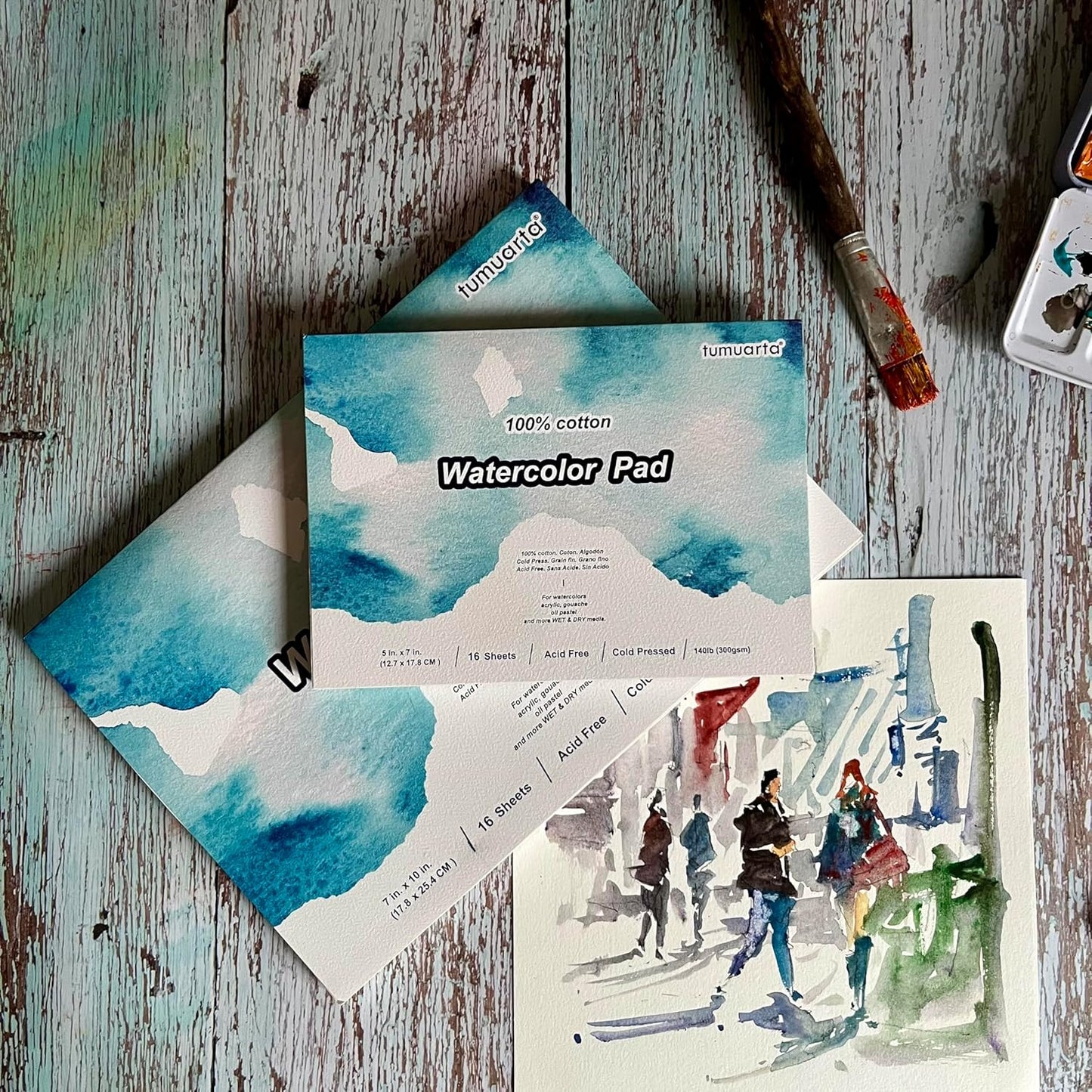 tumuarta Watercolor Pad, 9x12, 100% Cotton, 140 LB, 300 GSM, 16 Sheets, 32 Pages,Acid Free, Cold Press, Watercolor Paper Mixed Media Sketch Books for Watercolors, Acrylic, Gouache, Pencil and More