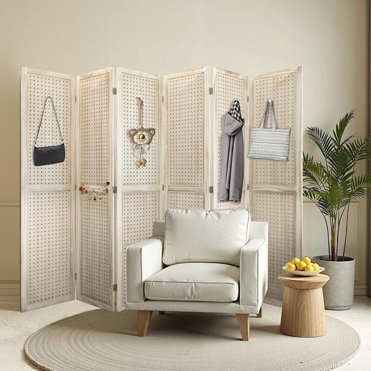 6 Panel Room Divider, 5.6FT Folding Room Divider Screen, Free Assembled Freestanding Partition for Home Office Bedroom, Tan