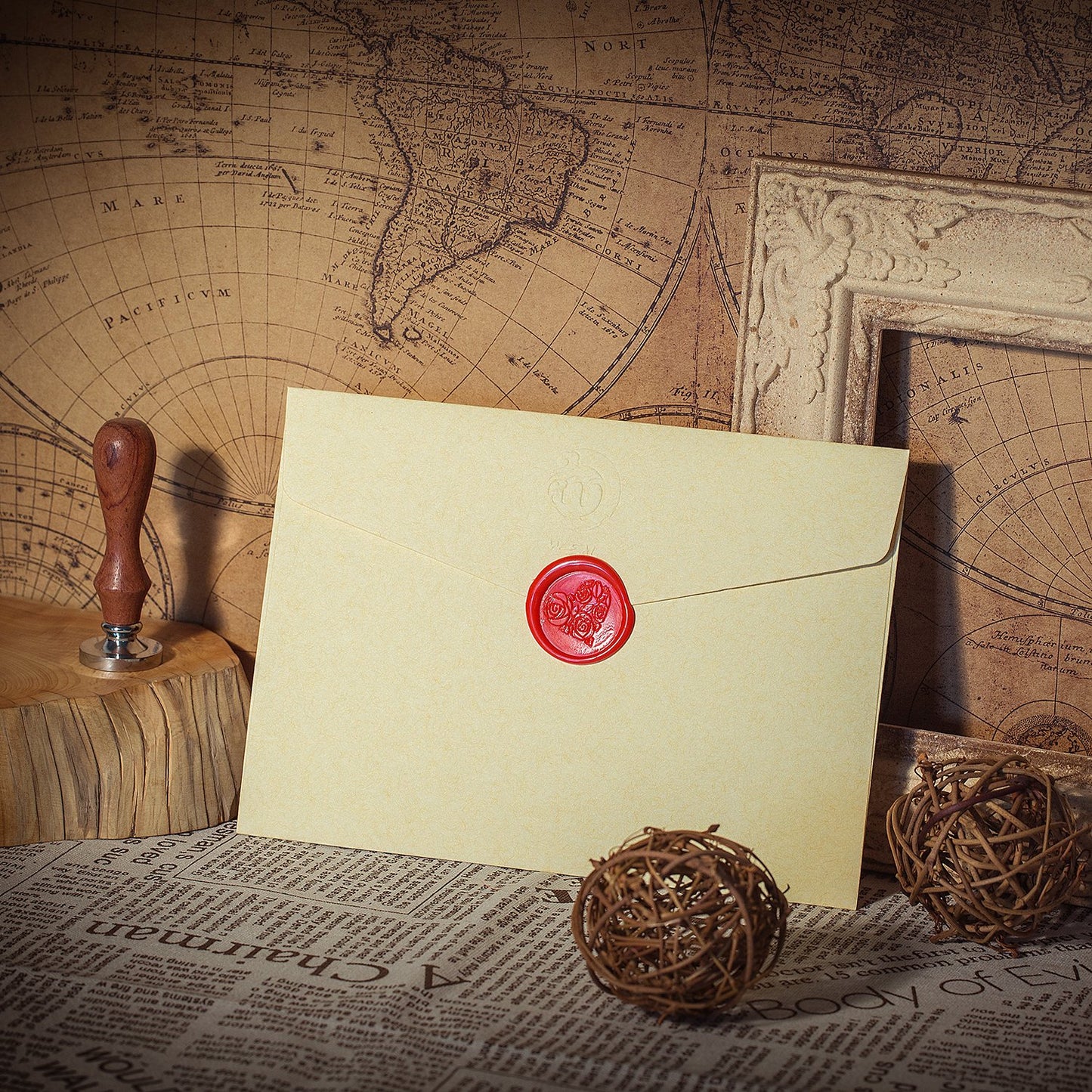 Mceal Wax Seal Stamp,Silver Brass Head with Rosewood Handle, 1.2"(30mm) Dia (Rose in Heart)