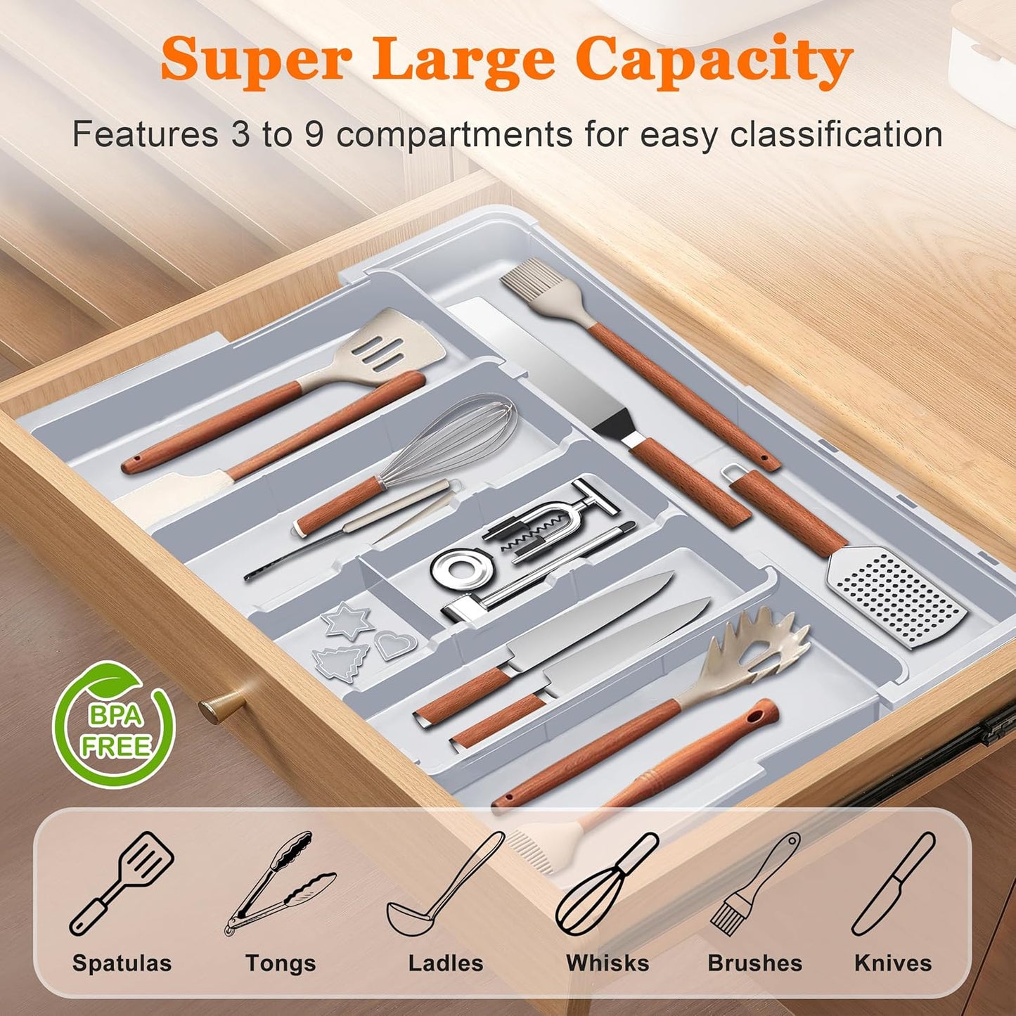 Large Utensil Drawer Organizer Expandable Silverware Organizer for Kitchen Drawer Adjustable Cooking Utensil Holder Cutlery Flatware Tray Spatula Tools Gadgets Storage Dividers Plastic Grey