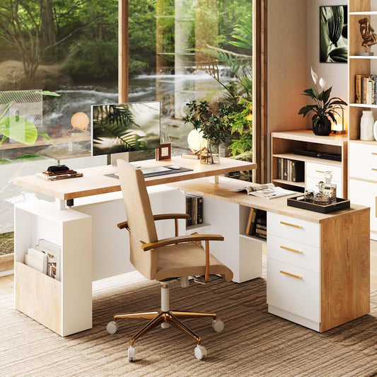 63" Standing Desk with File Cabinet, Privacy Panel, AC/USB, 1.18" Desktop, Executive L Shaped Height Adjustable Electric Stand Up Desk, Home Office Table with 3 Drawers, Light Walnut