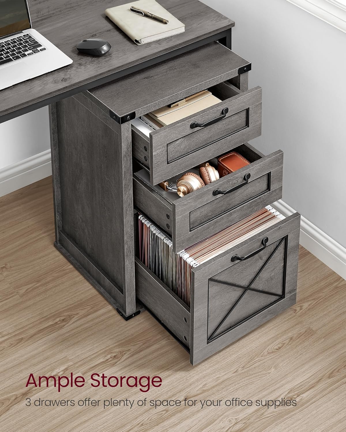 VASAGLE File Cabinet, Filing Cabinet with 3 Drawers, Printer Stand, Fit A4, Letter Size, Hanging File Folders, Modern Farmhouse Style, for Home Office, Misty Gray UOFC054G01