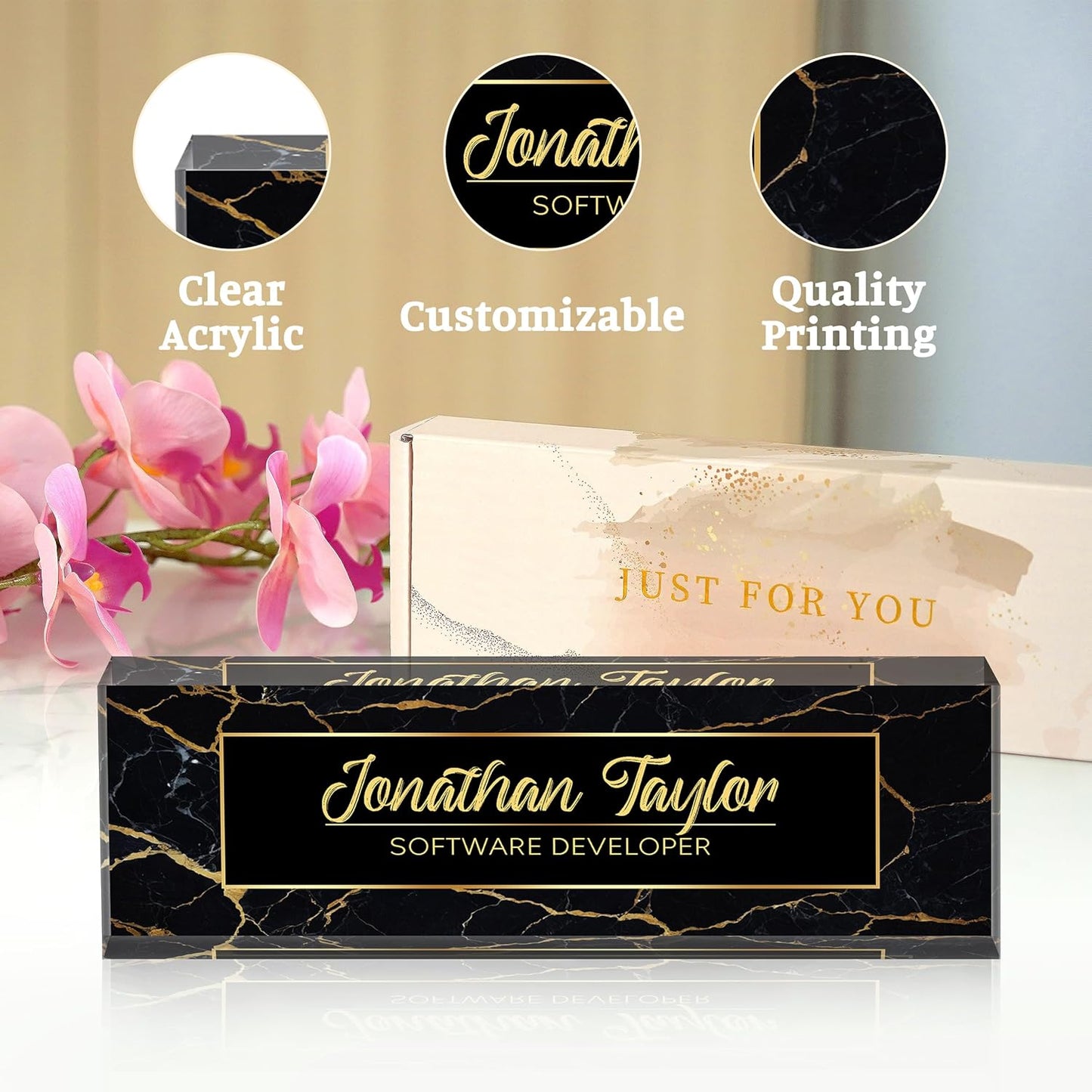 Custom Desk Name Plate Personalized, Acrylic Name Plate for Desk, Office Desk Decor for Women and Men, Employee Appreciation Gifts Office Gifts for Boss, Manager, Teacher, Nurse (Black Gold Marble)