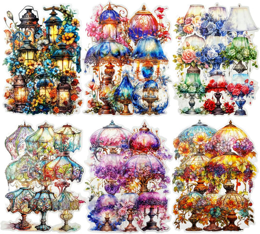 Floral Lamp PET Sticker Set, 60PCS Vintage Aesthetic Waterproof Stickers for Scrapbooking, Journaling, DIY Crafts, and Decorative Art Supplies