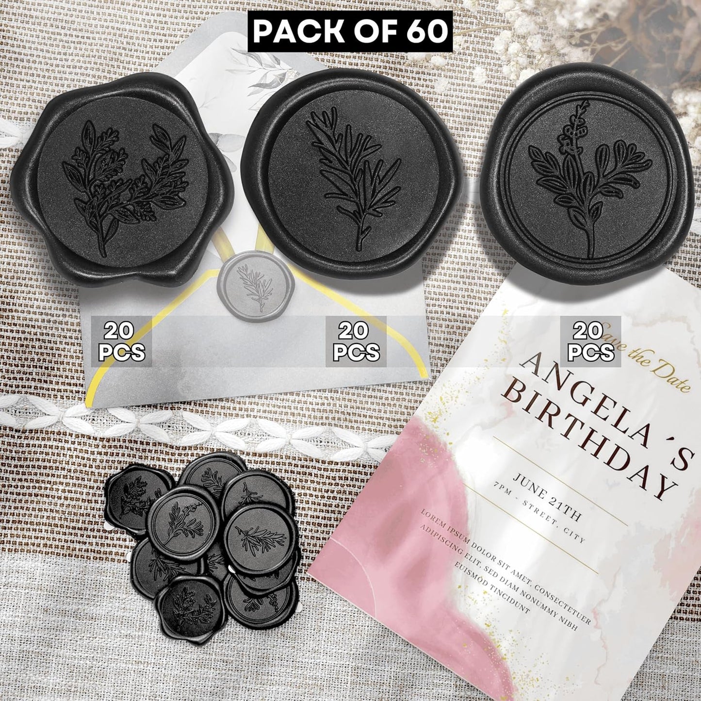 Black Wax Seal Stickers (60 Pcs, 3 Designs in 1 Pack) Premium Envelope Seal Stickers for Wedding Invitation Envelopes, Adhesive Wax Seals, Perfect for Seating Chart, Gift Wrapping