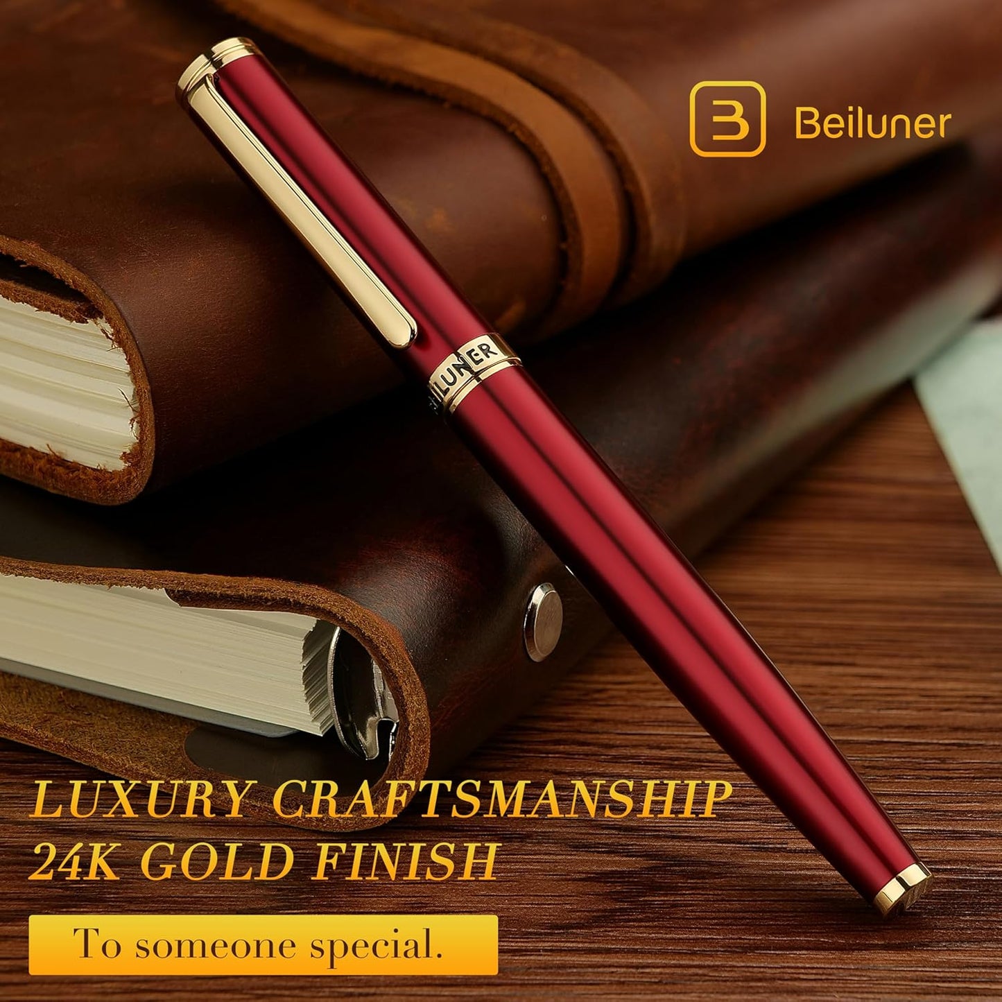 BEILUNER Red Fountain Pen,Stunning Luxury,24K Gilded Nib(Medium),Gorgeous 24K Gold Finish, Ink Converter,Trustworthy Pen Gift for Men&Women-Elegant,Fancy,Executive,Calligraphy, Nice Pens for Writing