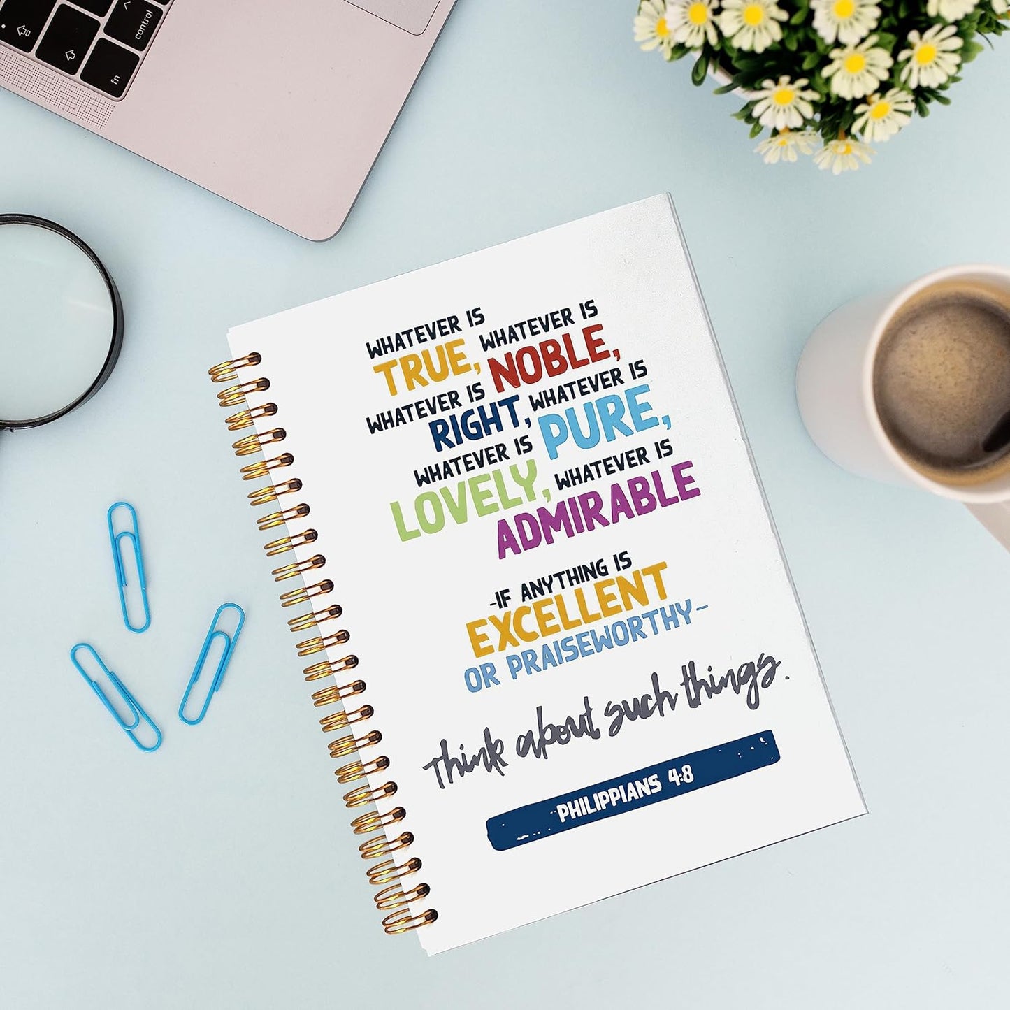 VNWEK Bible Scripture Philippians 4:8 Whatever is True Spiral Notebook Journal 5.5 x 8.3 inches,Christian Lined Hardcover Spiral Notebook,Inspirational Christian Gifts for Women Men Faith Teens