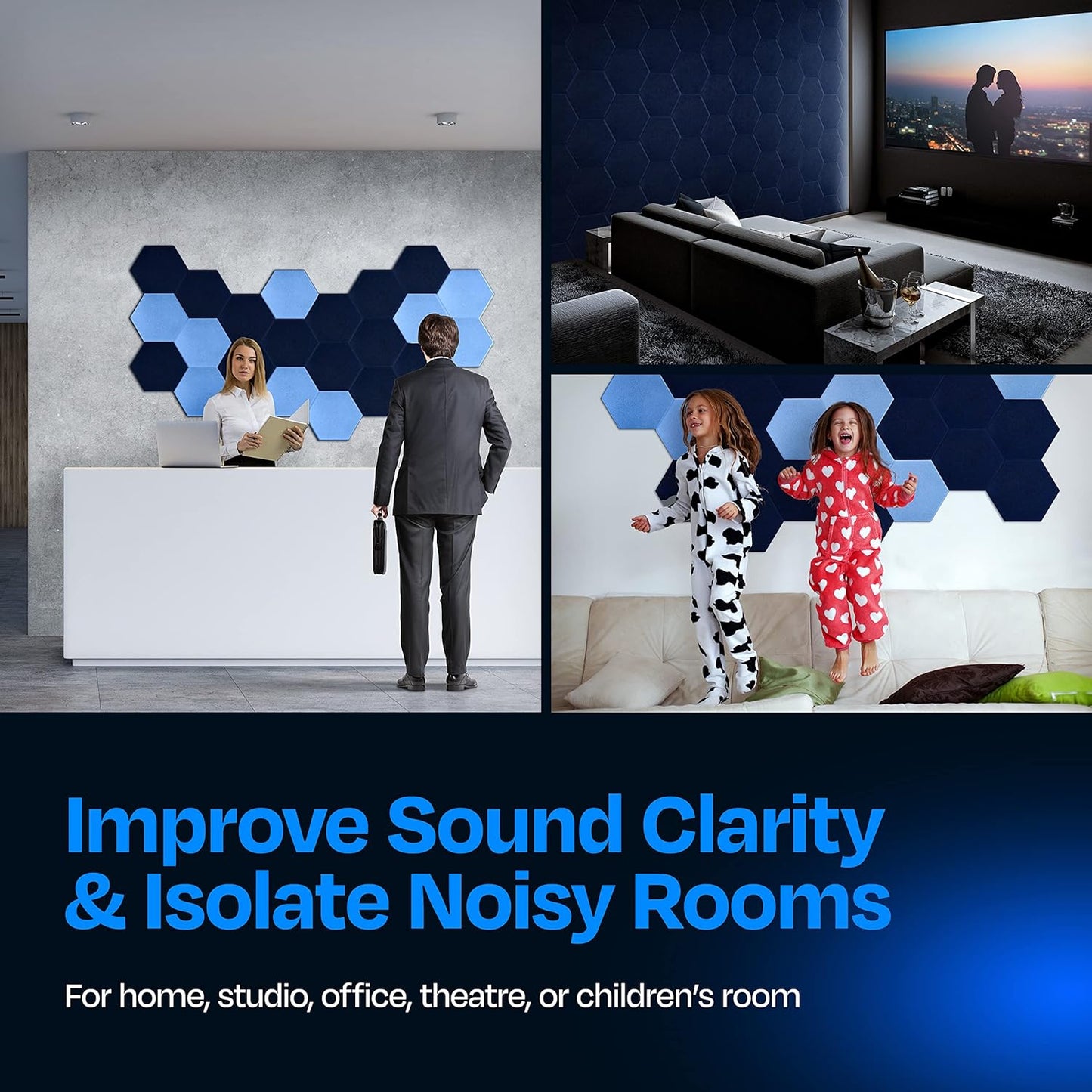 Acoustic Panels 12-Pack Soundproof Wall 12"X10.4"X0.4" - High Density Sound Dampening [Denim Blue Hexagon]