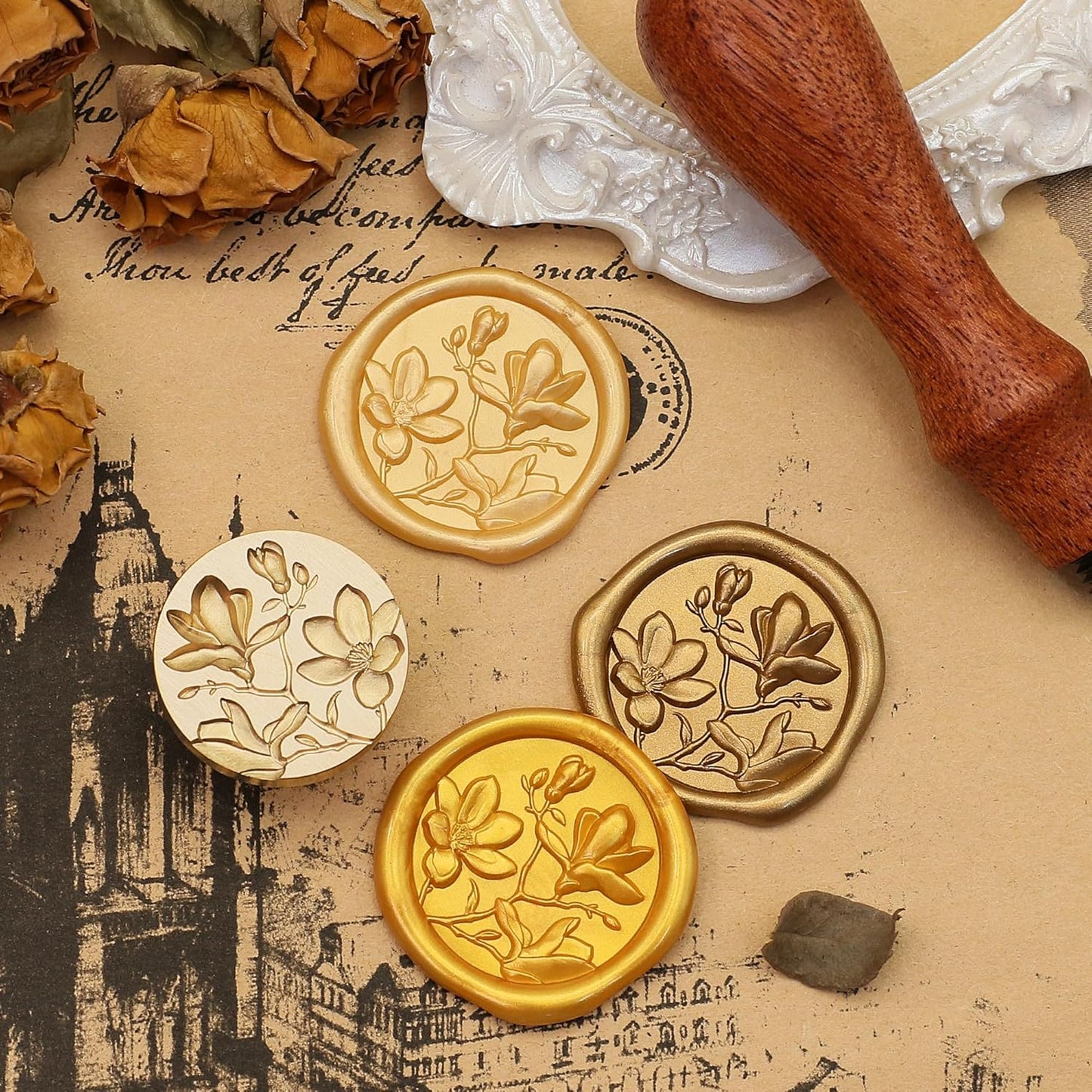 SWANGSA 3D Magnolia Wax Seal Stamp Kit with 200pcs Sealing Wax Beads, Great for Embellishment of Wedding Invitations, Wine Packages, Gift Wraps