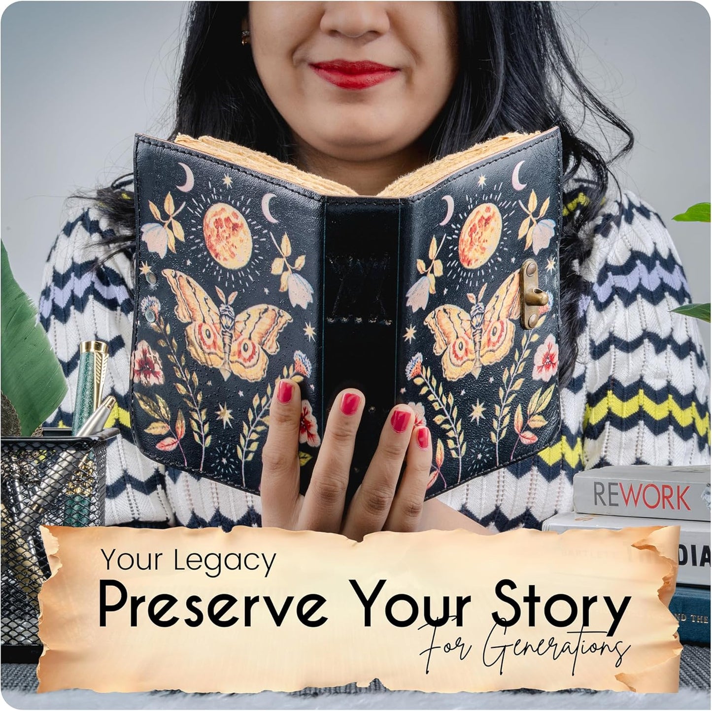 Blank Spell Book of Shadows, Luna Moth & Butterfly Leather Journal with Vintage Clasp Lock – 200 Page Antique Deckle Edge Leather Bound Notebook – Notebook Journal Gift for Men & Women