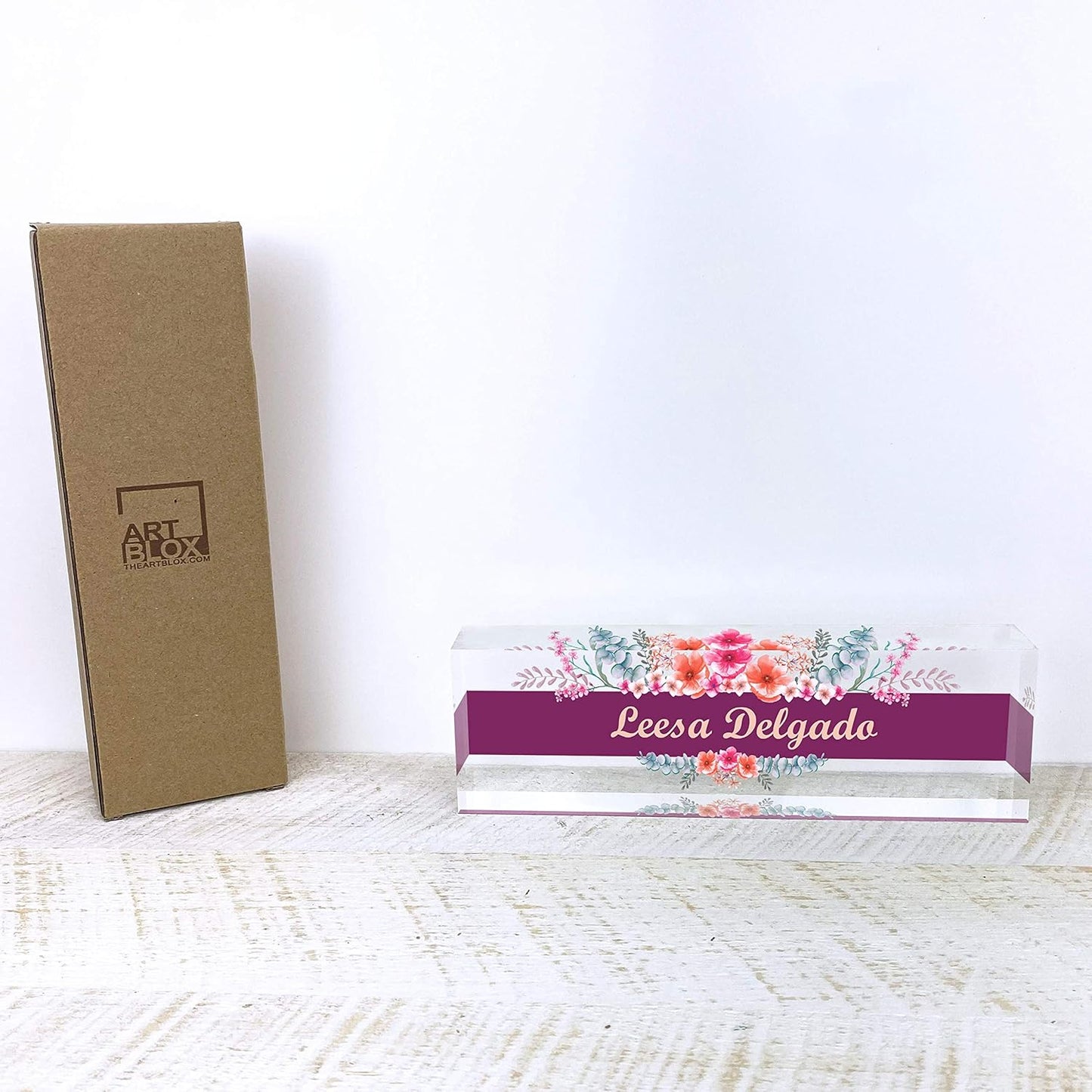 Artblox Office Desk Name Plate Personalized | Custom Name Plates for Desks | Wild Flowers Design On Clear Acrylic Glass | Office Desk Decor - (8" x 2.5")