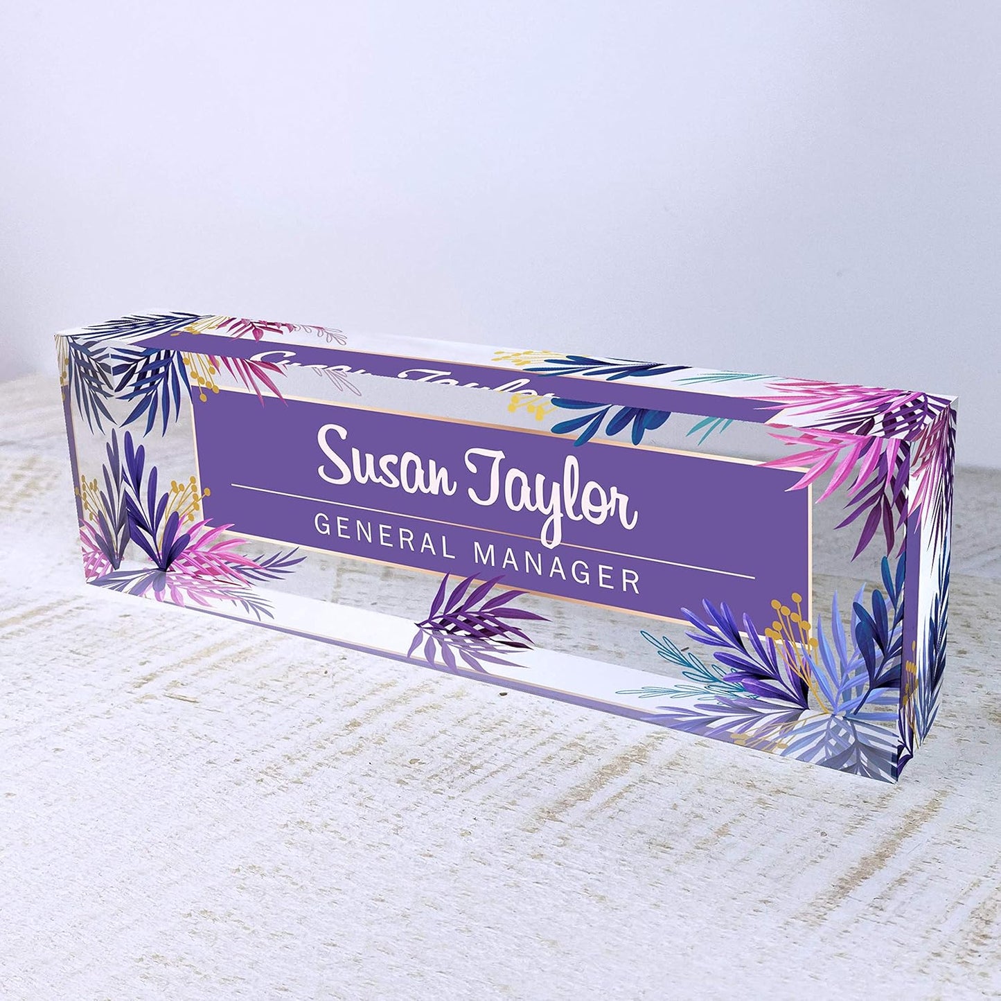 Artblox Office Desk Name Plate Personalized | Custom Name Plates for Desks | Purple Leaf Design On Clear Acrylic Glass | Office Desk Decor - (8" x 2.5")