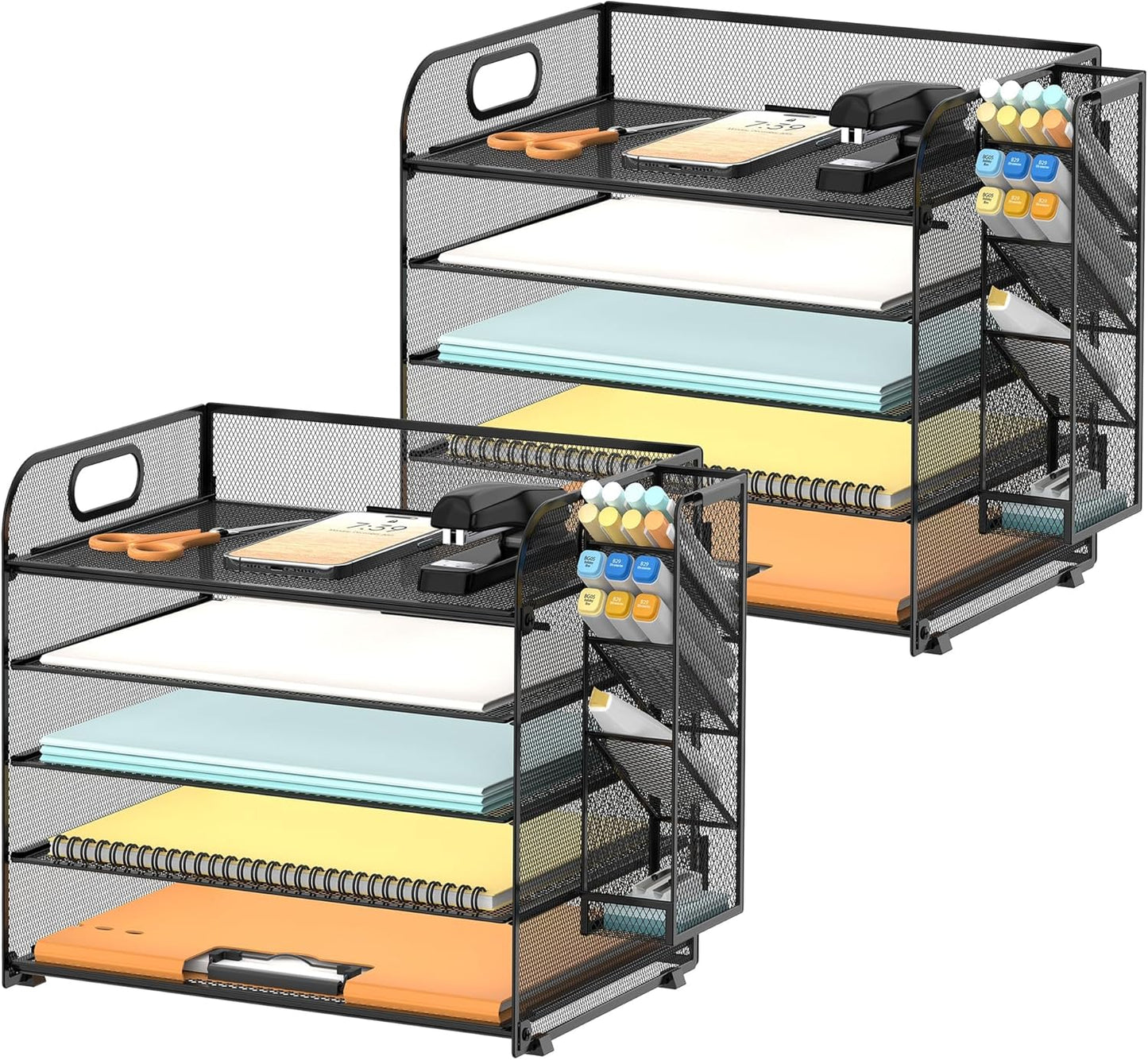 SUPEASY 2 Pack 5 Tier Desk Organizer with Handle & Removable Pen Holders, Mesh Paper/File Organizer for Desk Office Supplies,Black