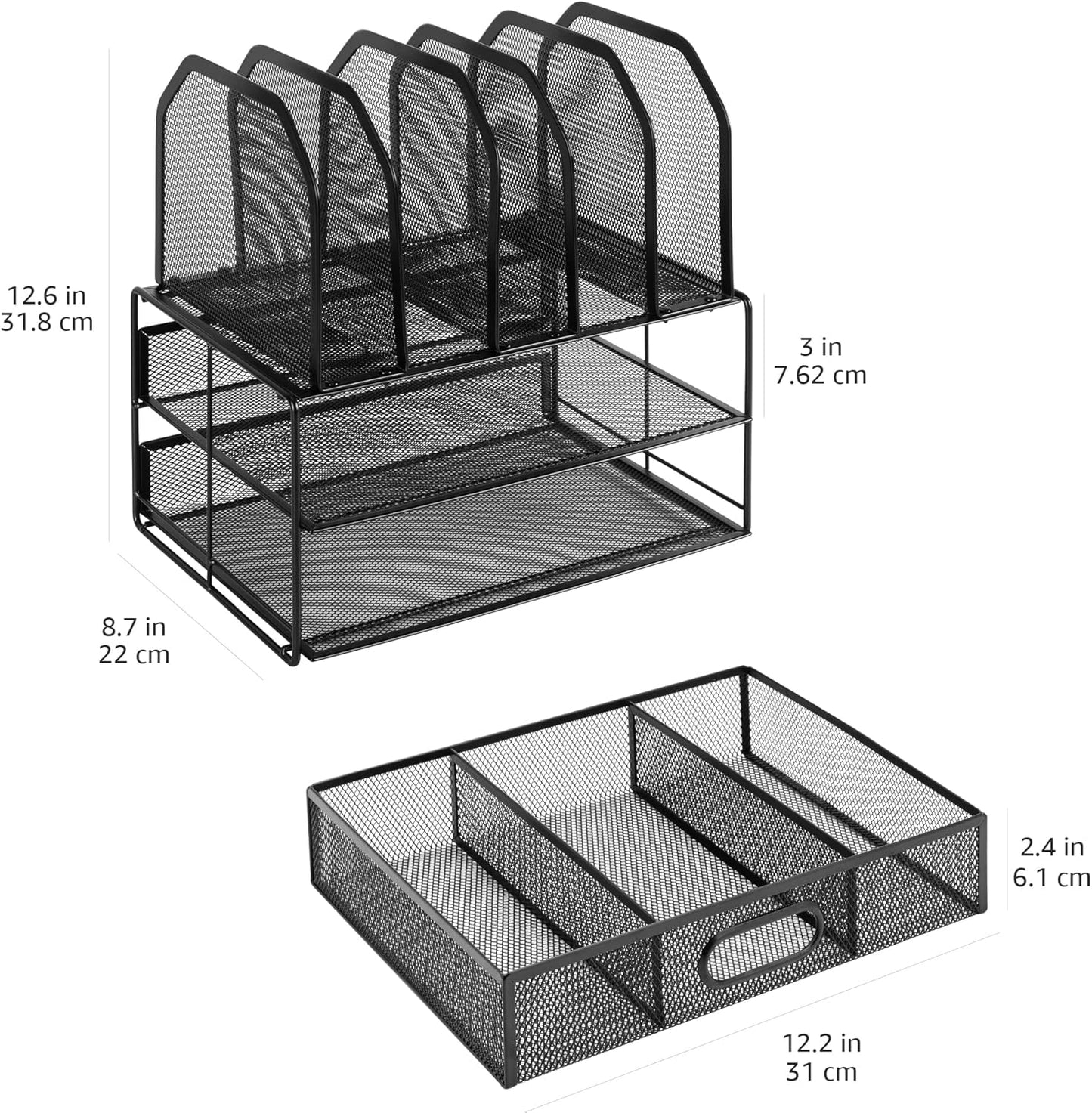 Amazon Basics Mesh Desk Organizer with Sliding Drawer, Double Tray and 5 Upright Sections, Black