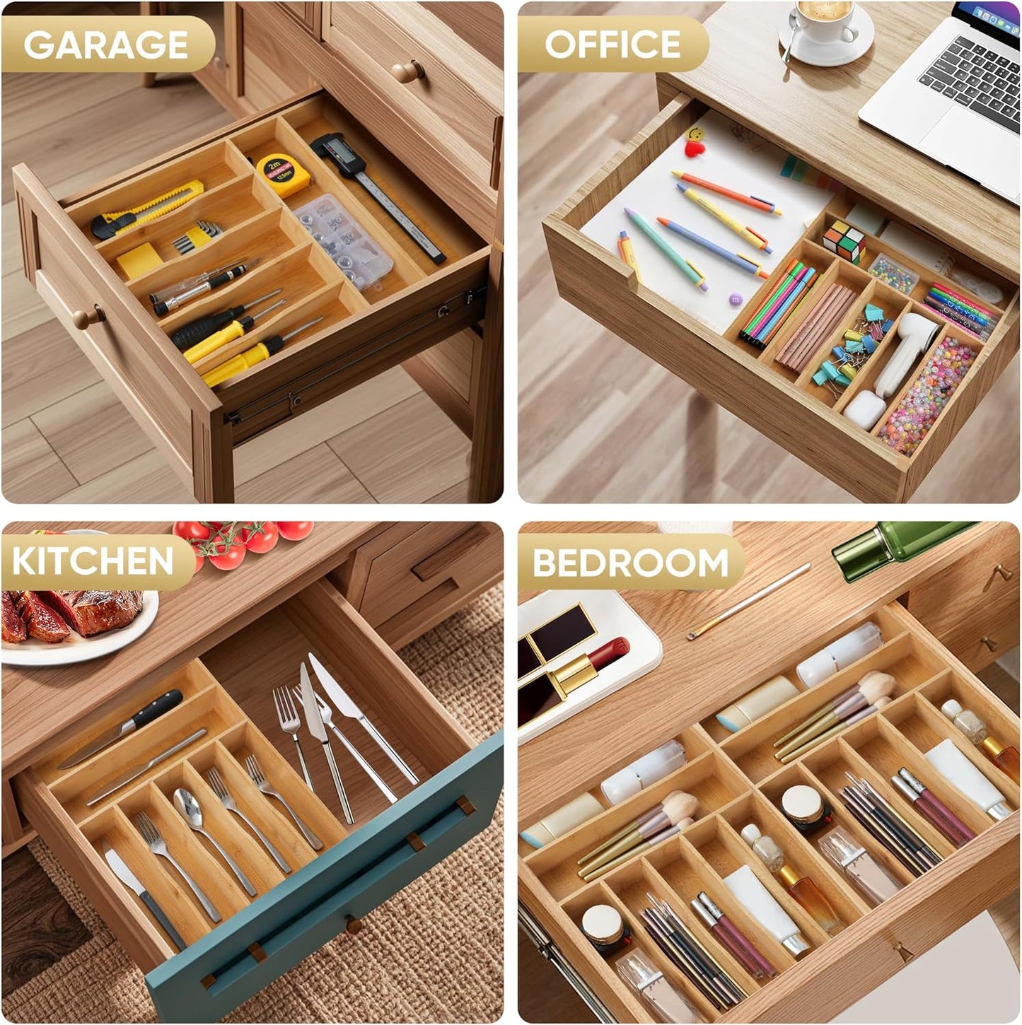 Silverware Organizer, 12.5 Inch Utensil Organizer Kitchen Drawer Organizer Bamboo Silverware Holder Cutlery Tray Organizer in Drawer Flatware Organizer Tray(7 slots, Natural）