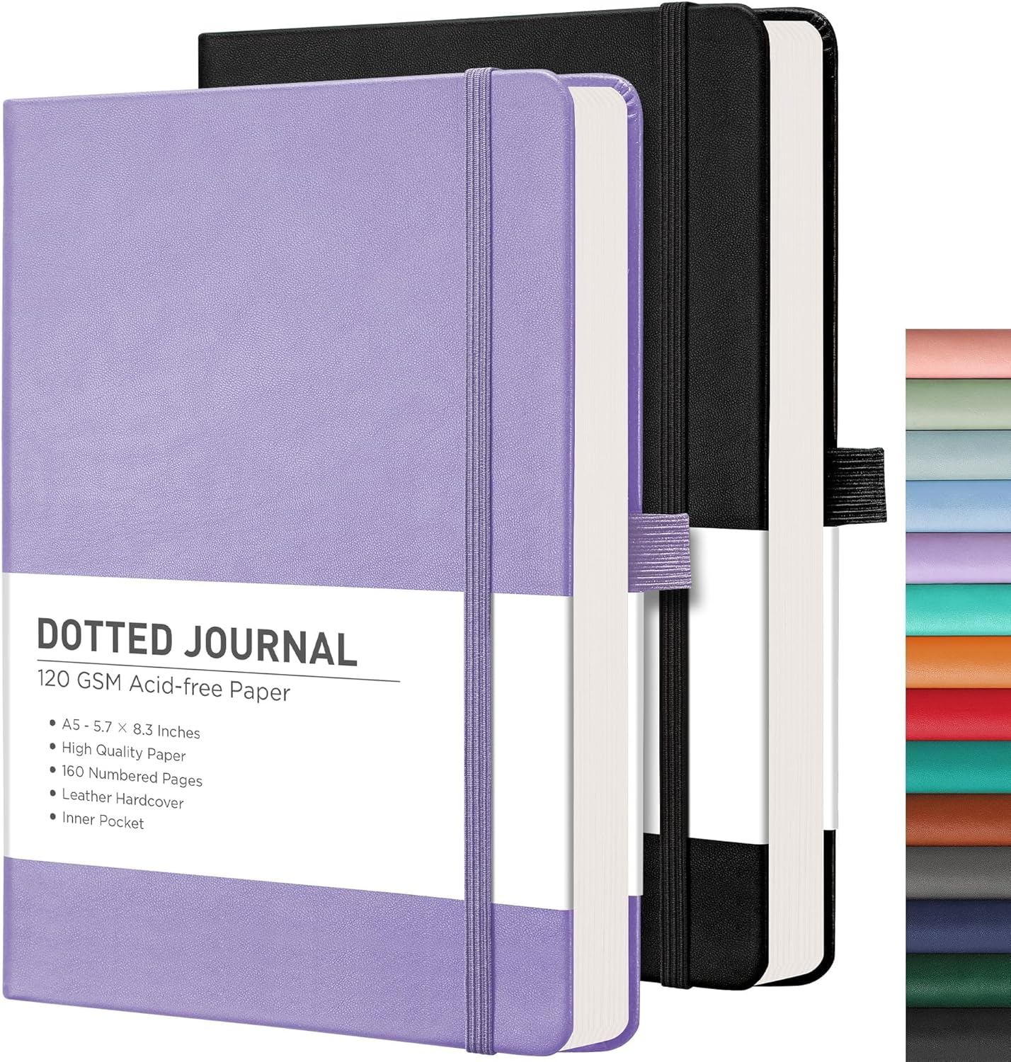 RETTACY Bullet Dotted Journal Notebook, 2-Pack, 160 Numbered Pages per Pack, A5 Medium Size (5.7'' x 8.3''), 120 GSM Thick Paper, Leather Hardcover, for Bullet Journaling (Black & Purple)