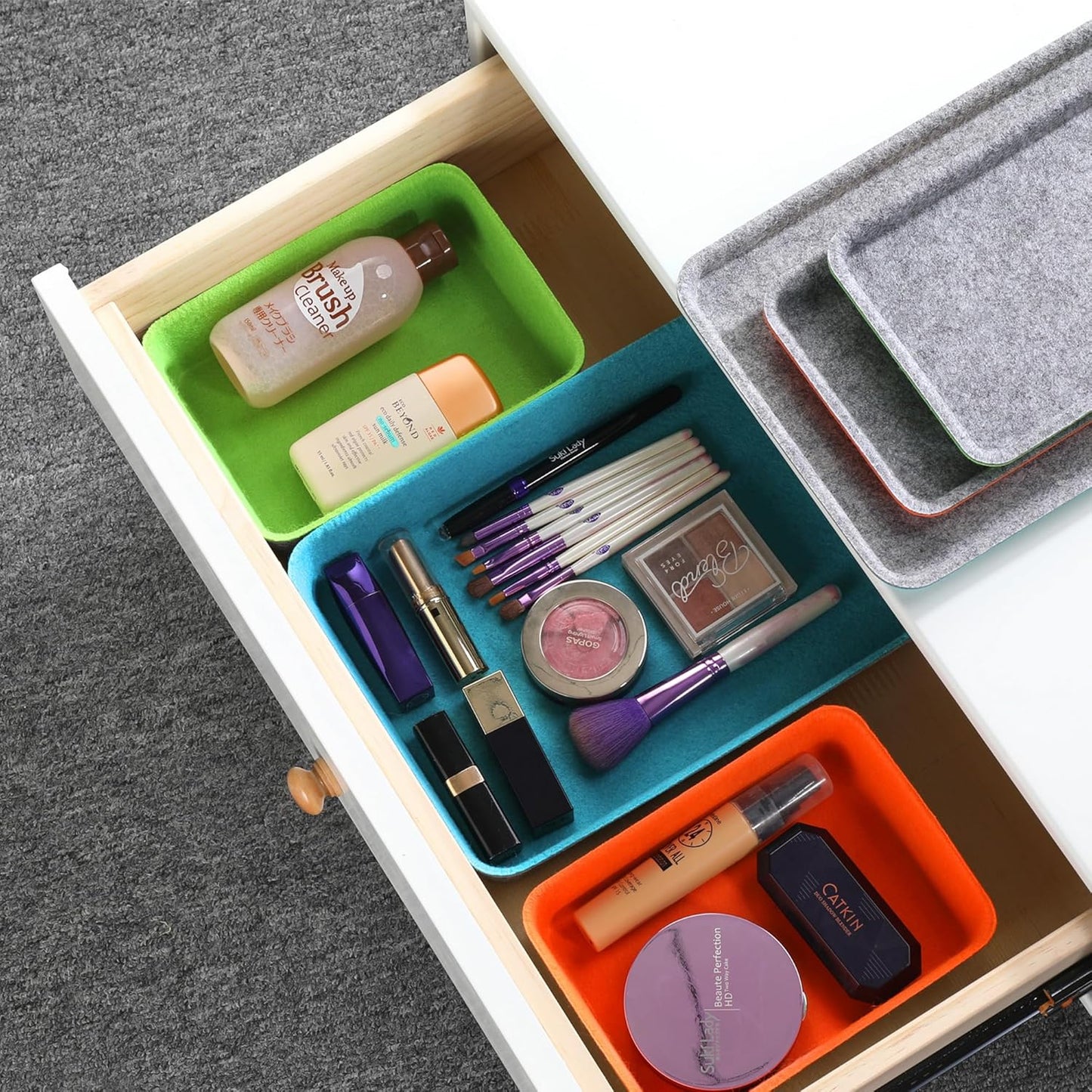 Welaxy stackable Lidded drawer organizer bins home office work desktop storage box with lid for junk makeup stationery decluttering sorting 3-pack (Orange + Green + Turquoise)