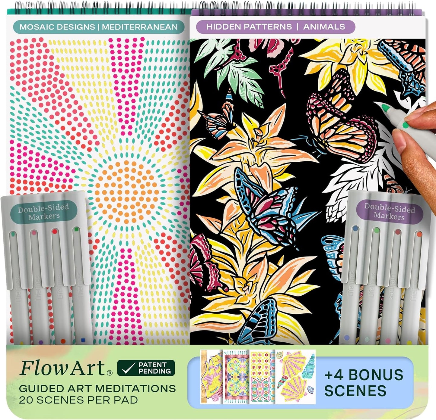 Lifelines FlowArt Activity Pad, 2-Pack - Guided Art Meditations with Markers - Mediterranean Mosaic Designs & Animal Hidden Patterns - Coloring Books for Teens, Adults & Seniors
