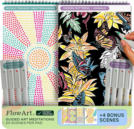 Lifelines FlowArt Activity Pad, 2-Pack - Guided Art Meditations with Markers - Mediterranean Mosaic Designs & Animal Hidden Patterns - Coloring Books for Teens, Adults & Seniors