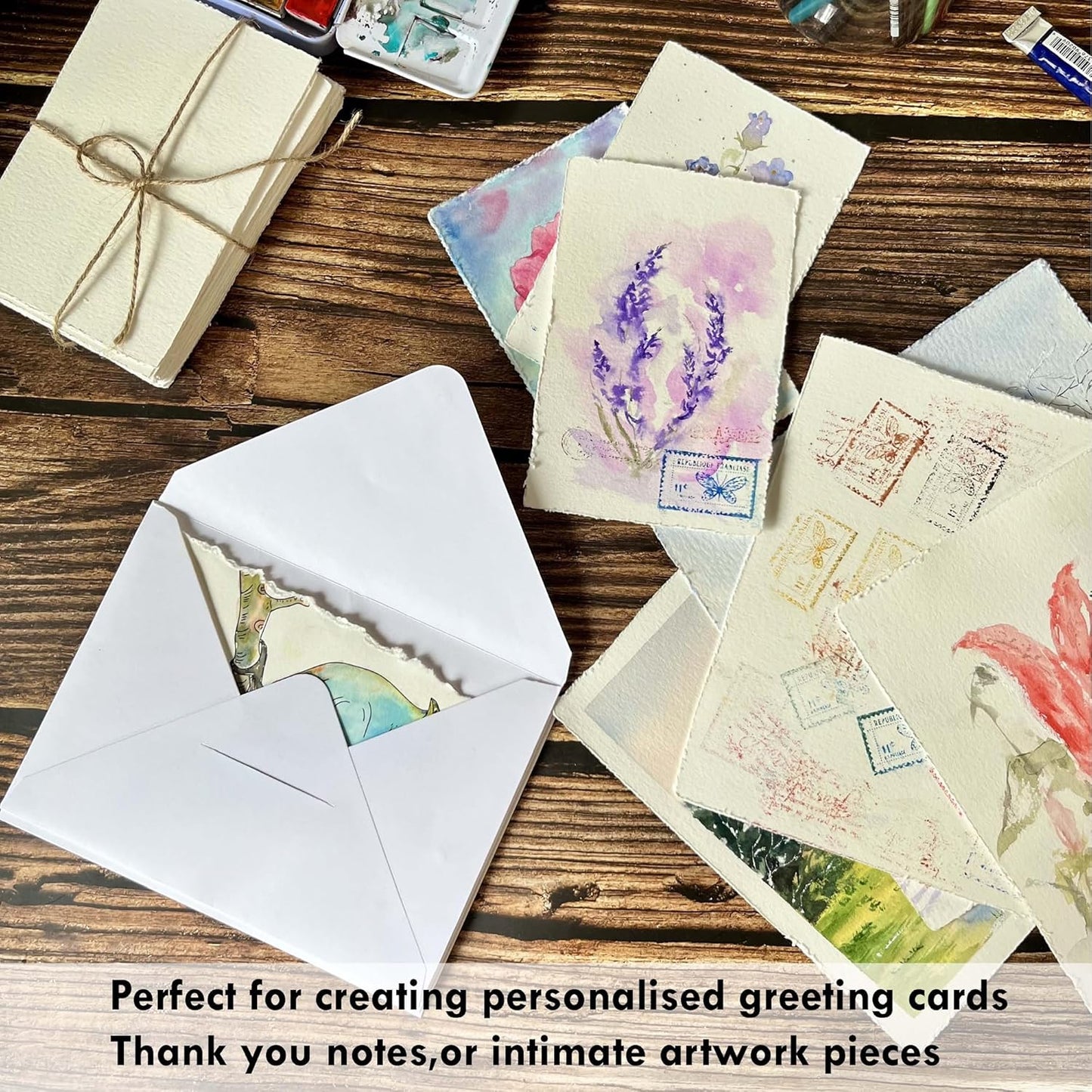 Deckle Edge Watercolor Paper, 100% Cotton, 140 LB, 300 GSM, 4x6”, 30 Sheets Mixed Media Paper for Dry & Wet Technique, Acid Free, tumuarta Blank Cards is Perfect for Greeting Cards & Thank You Notes