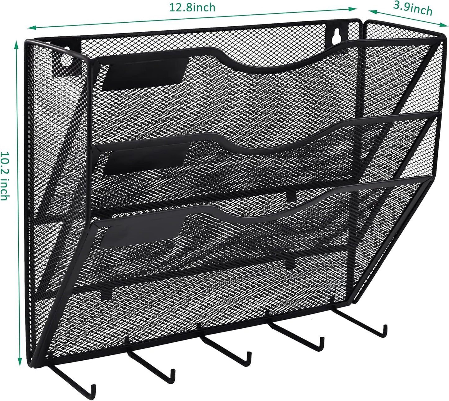 EASEPRES 3 Pocket Mesh Hanging File Organizer with Key Holder Hooks & Nametag Label, Wall Mounted Mail Paper Document Folder Clipboard Storage Organization Magazine Rack for Office Cubicle, Black