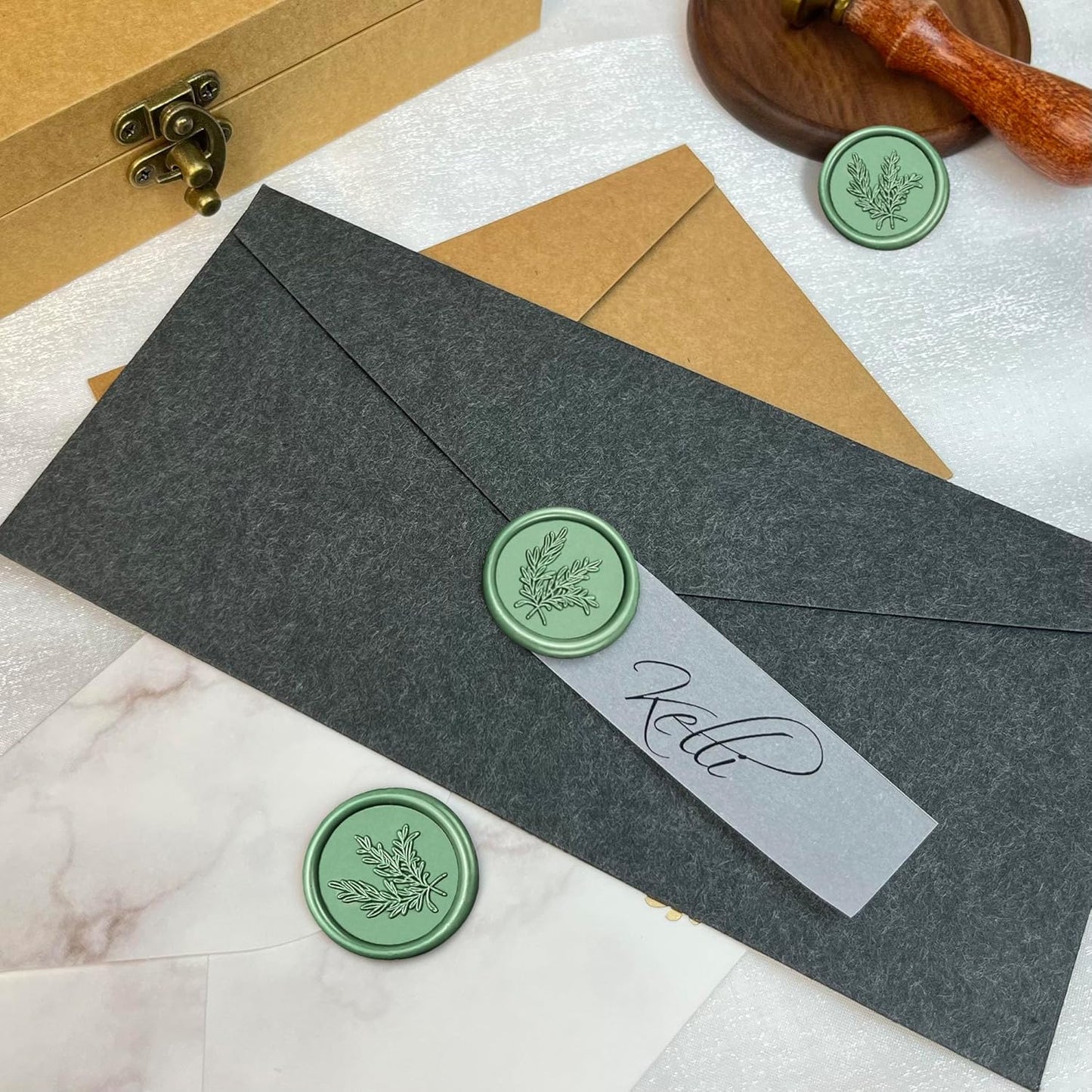 50Pcs Wax Seal Stickers Handmade Envelope Seals Self Adhesive Wax Stickers for Wedding Party Invitations, Envelope, Gift Wrap, Christmas(Rosemary Style, Olive Green)