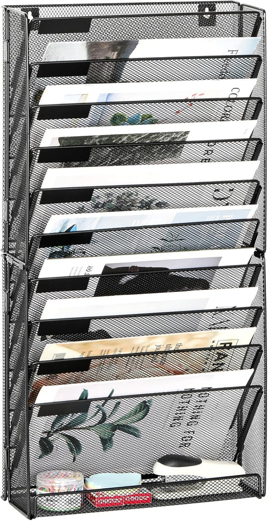 EasyPAG 11 Tier Wall File Holder with Flat Tray, Black | Easy Assemble Mesh Desk File Organizer | 10-Folder Paper Storage | Replaceable Classify Labels | Space Saving Mail Organizer for Office Home