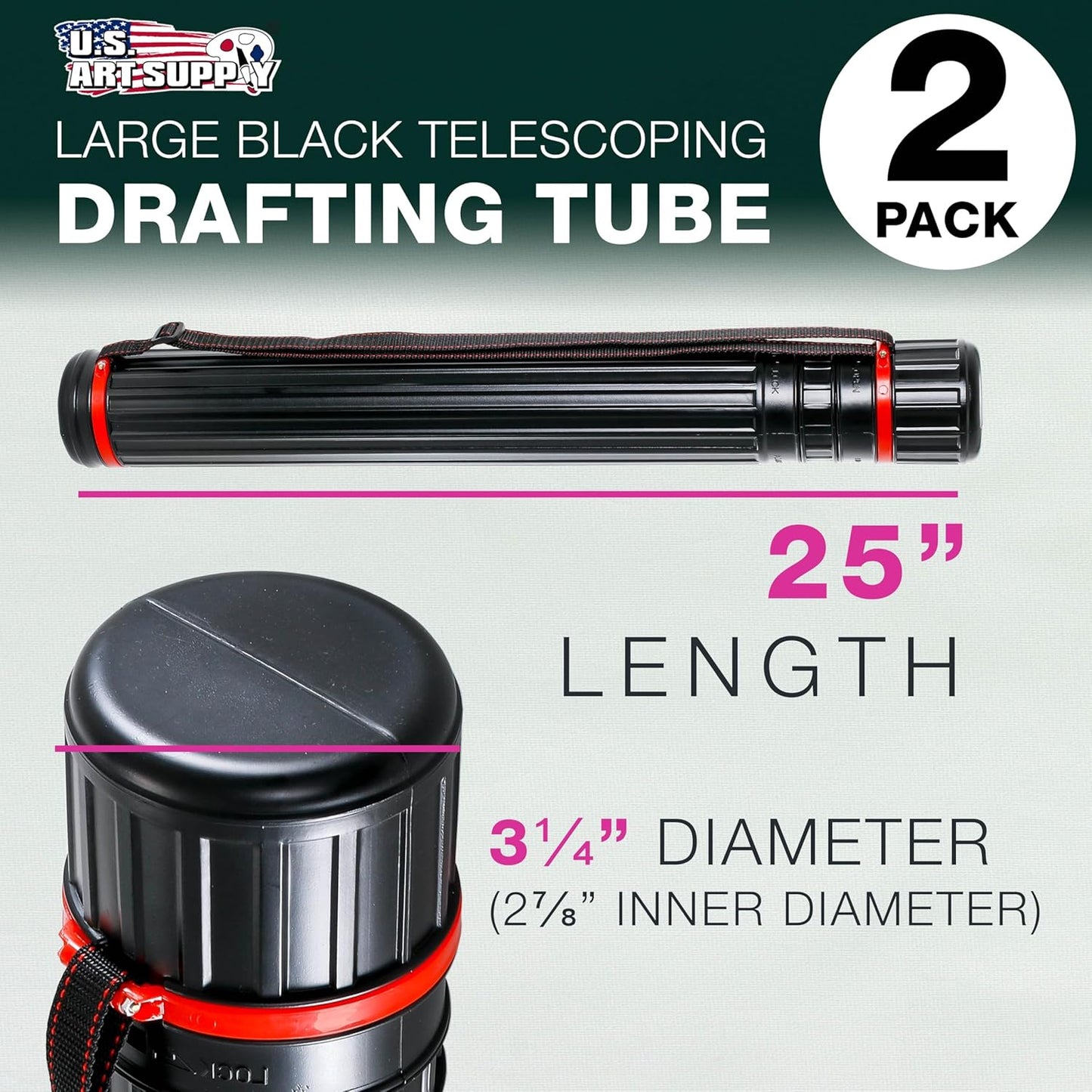 U.S. Art Supply Black Telescoping Drafting Tube (Pack of 2) - 3-1/4" Outside/2-7/8" Inside Diameter, Expands 25" to 42-1/2", Durable Protection with Shoulder Strap - Ideal for Posters, Blueprints, Art
