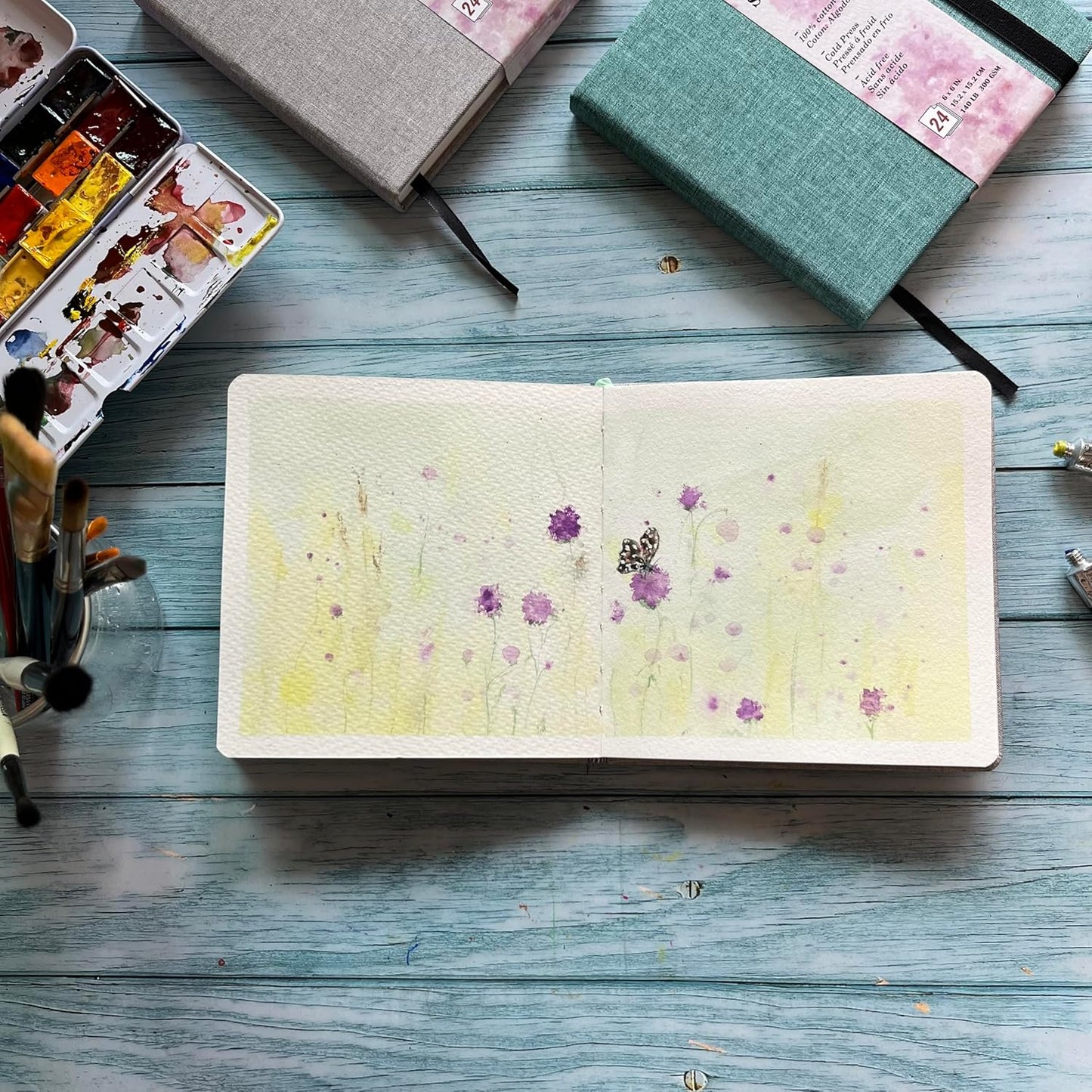 tumuarta Watercolor Journal, 8.25x5.5, 140 LB, 300 GSM, Cotton Paper, Cold Press, 24 Sheets, 48 Pages, Watercolor Paper Sketchbooks for Use As Travel Notebook and Mixed Media Pad