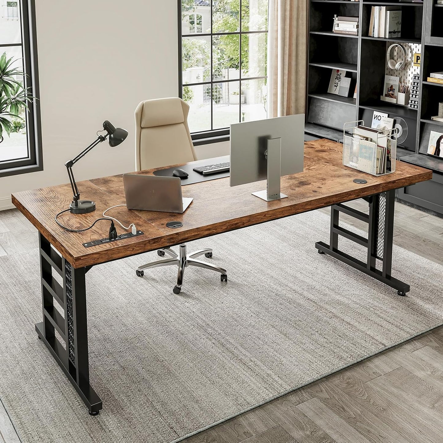 Coleshome 78 Inch Executive Desk with USB Ports, Large Computer Desk with Extra Thick, Long Mordern Office Desk, Workstation Business Furniture for Home Office, Vintage