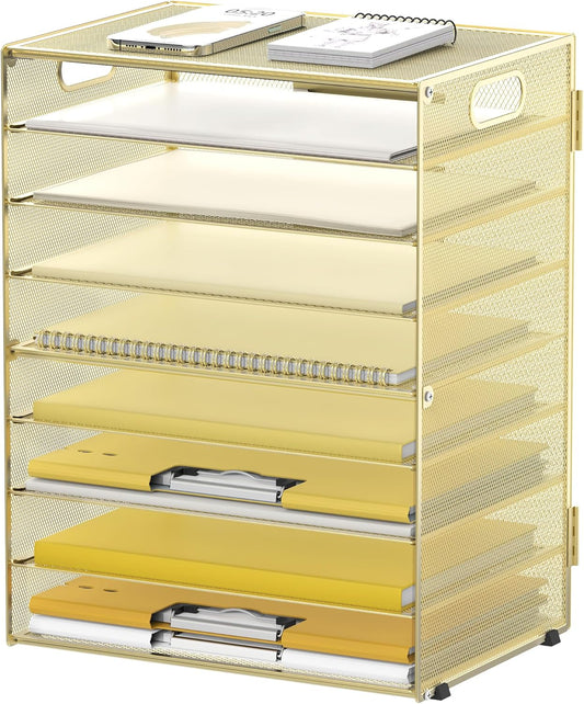 DALTACK 9-Tier Paper Letter Tray Desk Organizer with Handles, Mesh File Holder Organization, File Organizer for Desk Paper Sorter for Office Home School, Gold