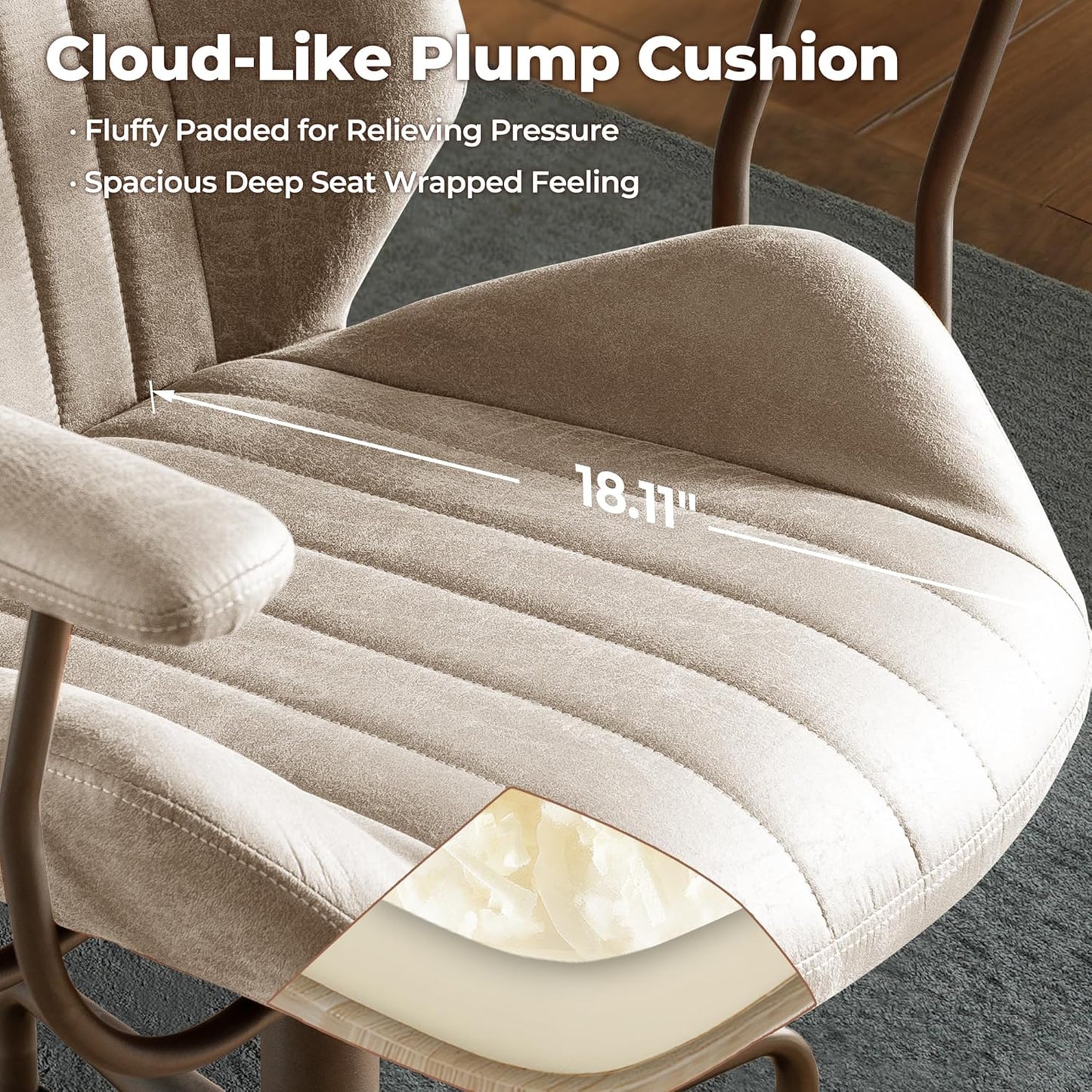 ovios Ergonomic Home Office Chair, Mid-Century Modern Faux Leather Chairs with Padded Armrests, Comfy Mid Back Swivel Rolling Executive Computer Armchair (Beige, Suede Leather)