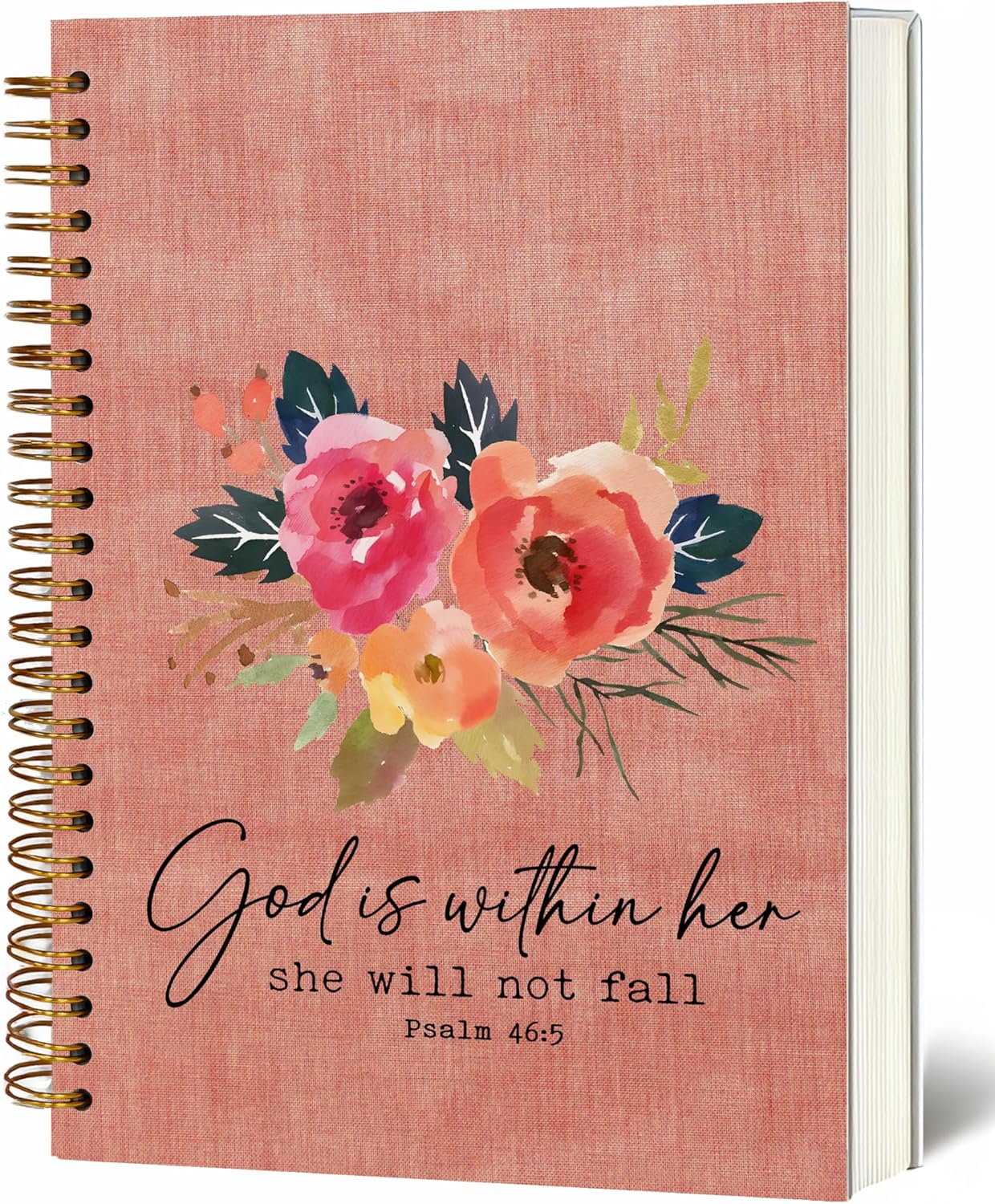 Bible Notebook, A5 Spiral Christian Journal Pink Floral Notebook, Bible Verse-God is Within Her She Will Not Fall, Inspirational Notebooks for Women, Bible Study, Gift for Birthday Christmas