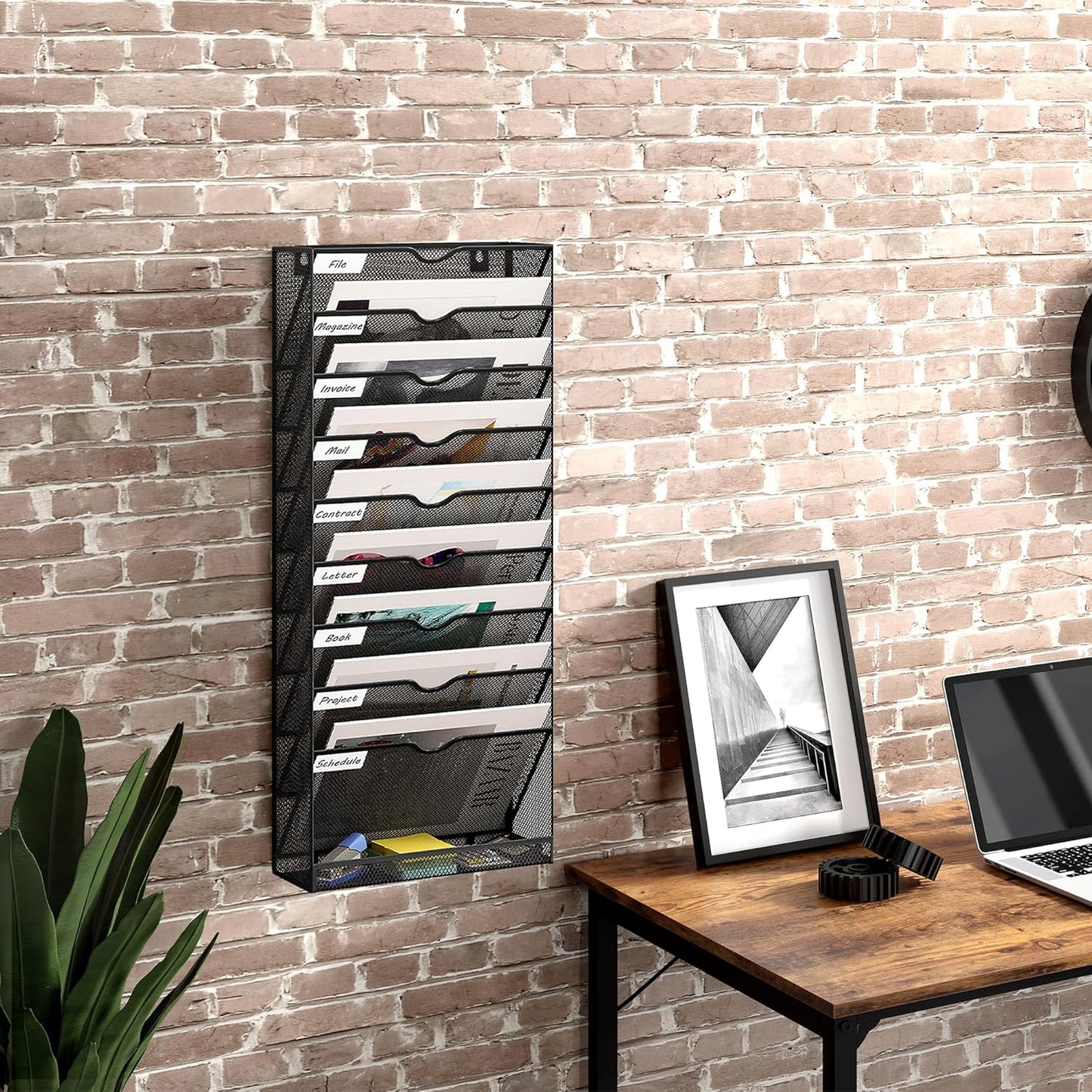 10 Tier Hanging Wall File Holder, Metal A4 Wall Mounted Document Holder, Vertical Hanging Mail Organizer, Magazine Storage Rack With Tray For Office Home Classroom, Black