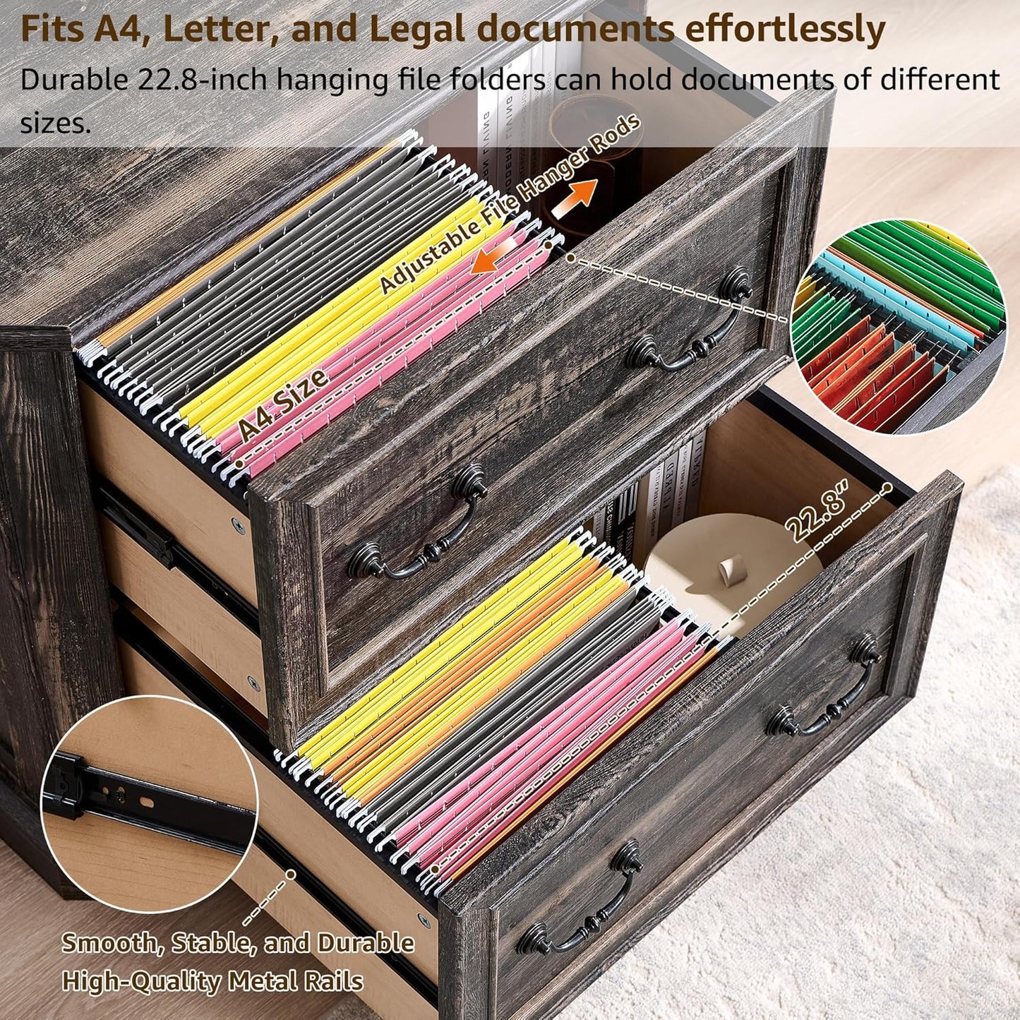 T4TREAM 2 Drawer File Cabinet-30 Wide Wooden Extended Desktop, Farmhouse Filing Cabinet with Smooth Rails, Holds Letter/Legal/A4, Hexagonal Design & Framed Drawer Fronts, Reclaimed Barnwood