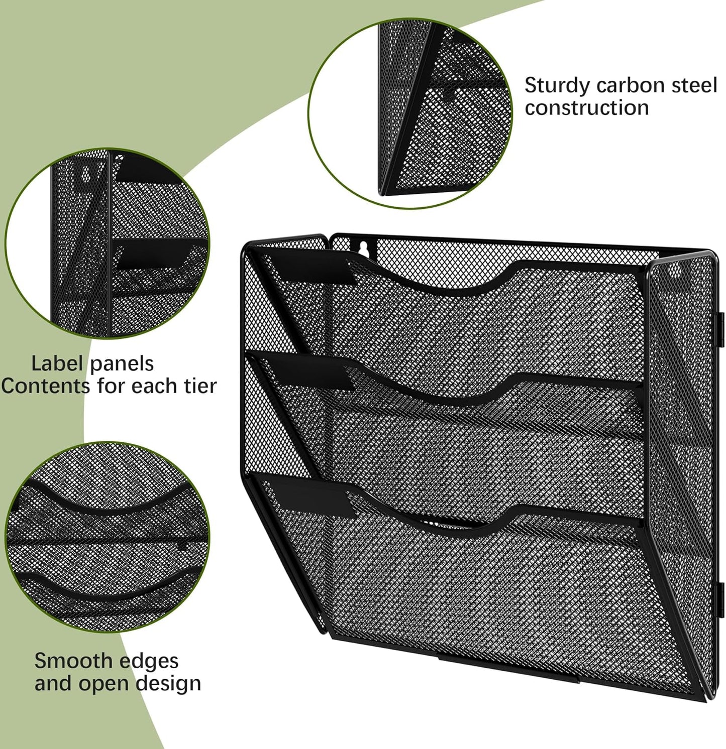EasyPAG Wall File Holder Organizer 3 Pocket Mesh Hanging Wall Mounted Document Paper Folder Filing Magazine Rack with Nametag Label for Office Home School, Black
