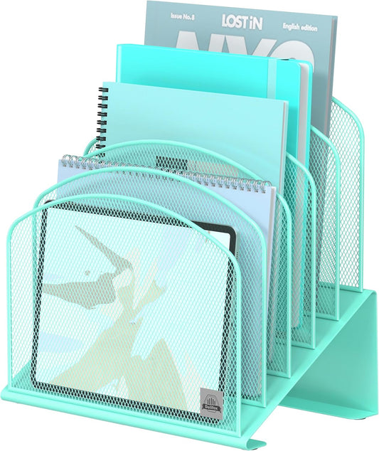 Inclined Desk File Organizer, 5-Section Vertical File Folder Holder Stand Metal Rack File Sorter for Office Classroom Desktop Organization