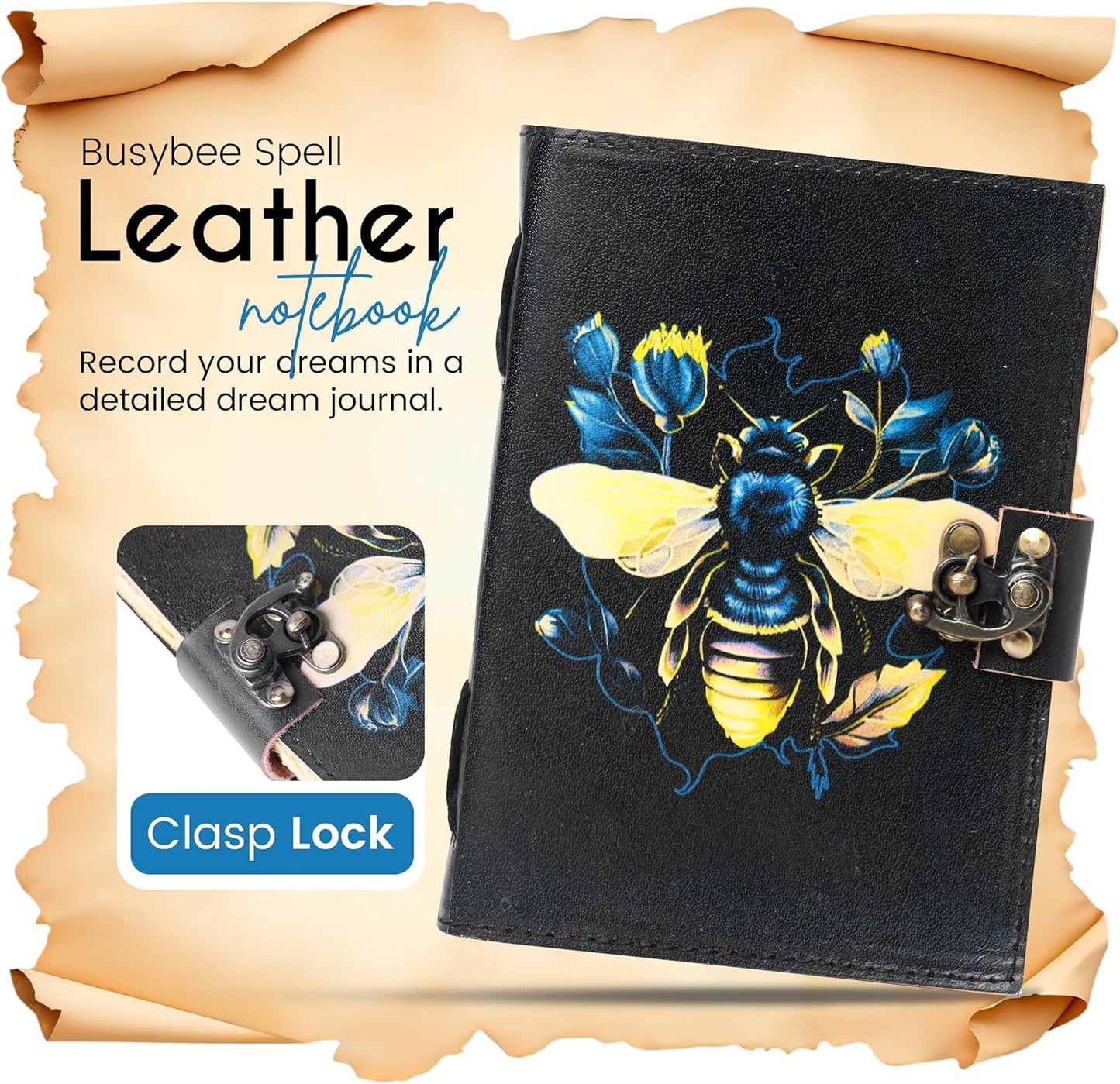 Busybee Spell Book of Shadow Leather Journal Diary with Clasp Lock – 200 Page Deckle Edge Leather Bound Notebook – Vintage Notebook for Writing, Drawing, Home, Office, Travelling