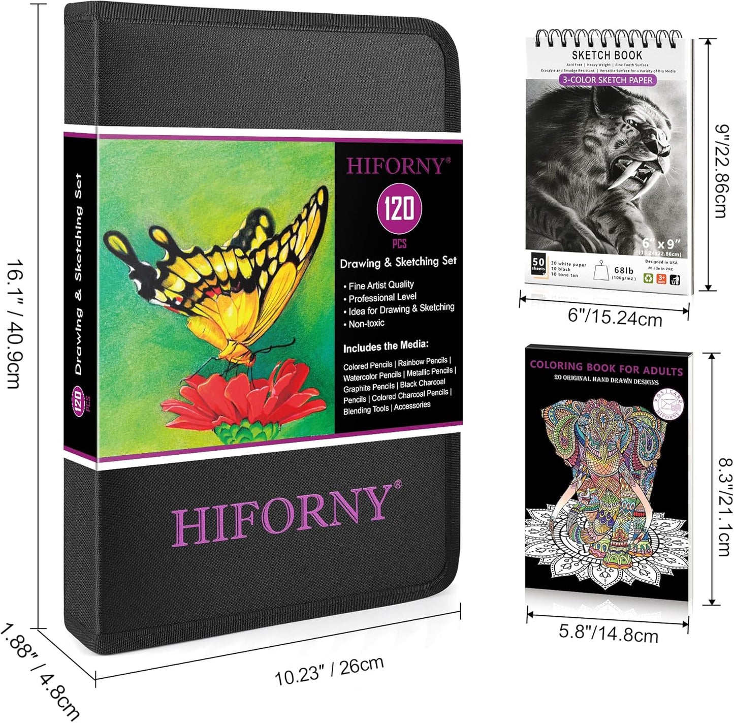 HIFORNY 120 PCS Drawing Set Sketching Kit, Art Supplies with 3-Color Sketchbook,Coloring Book,Rainbow,Colored,Watercolor,Metallic,Graphite,Black & Colored Charcoal Pencils,Blending Tools and More