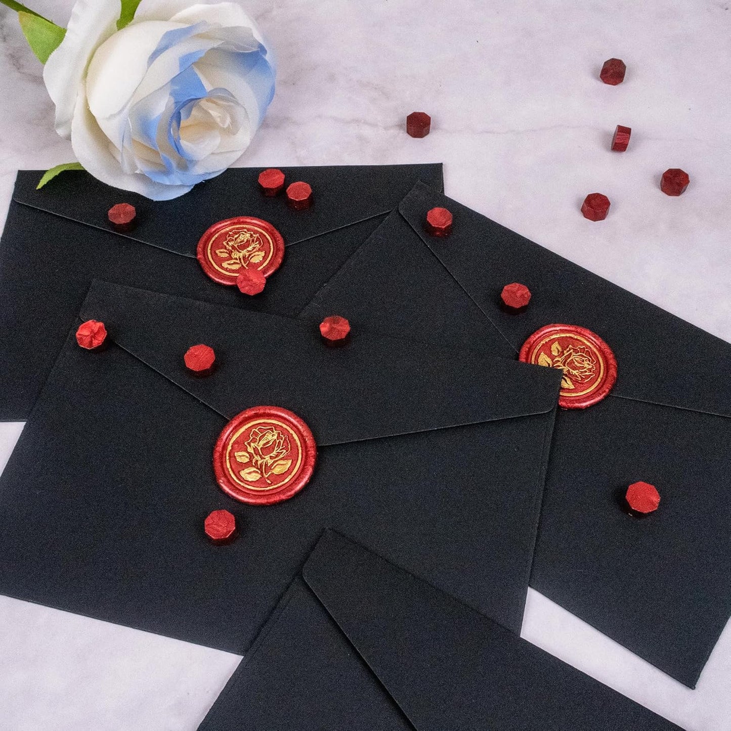 100Pcs Gold & Red Wax Seal Stickers - Handmade Envelope Seals, Self Adhesive Wax Stickers for Wedding Party Invitations, Envelope, Gift Wrap, Christmas (Gold Rose Style, Red)