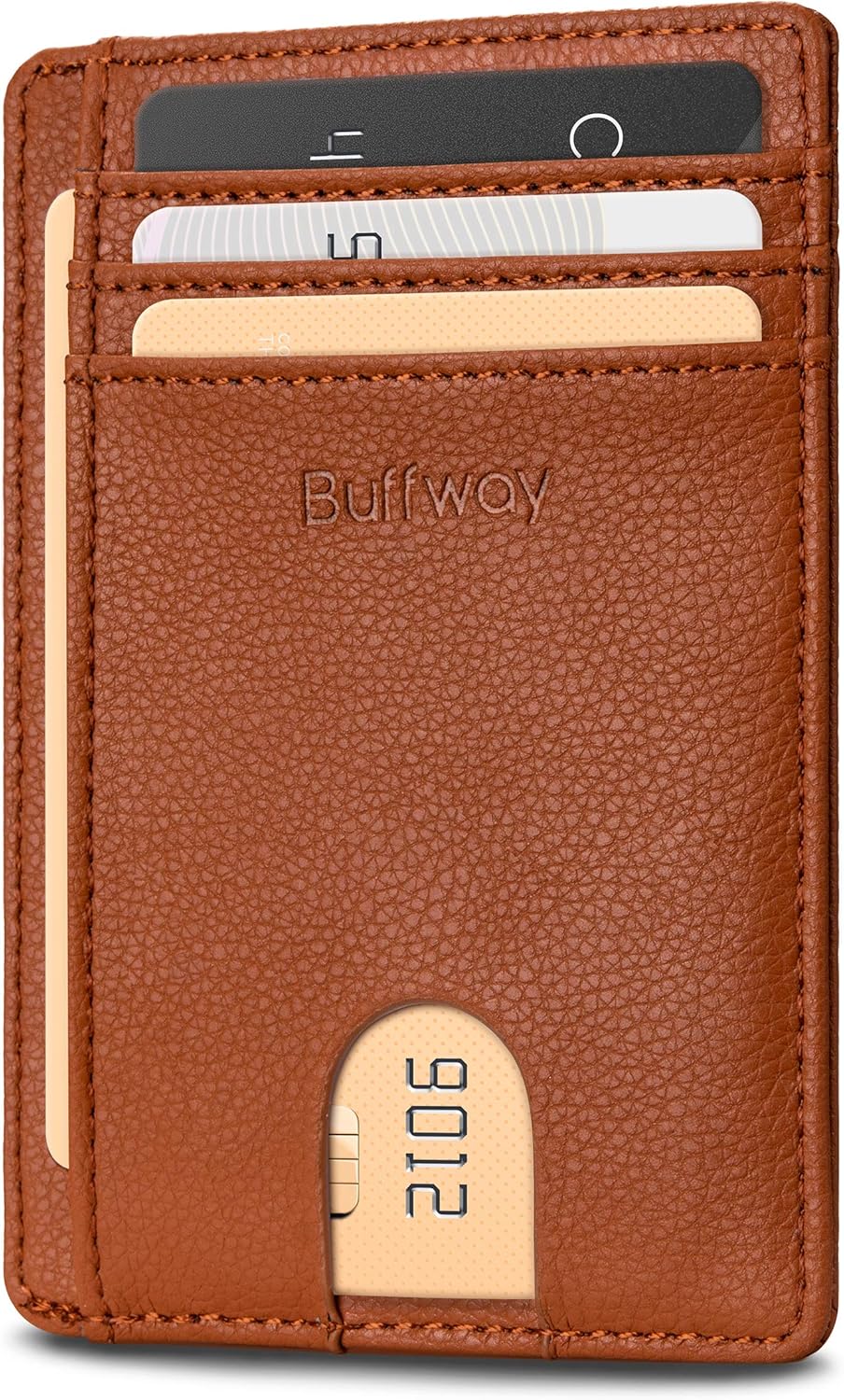 Buffway Slim Minimalist Front Pocket RFID Blocking Leather Wallets for Men and Women - Lichee Light Brown
