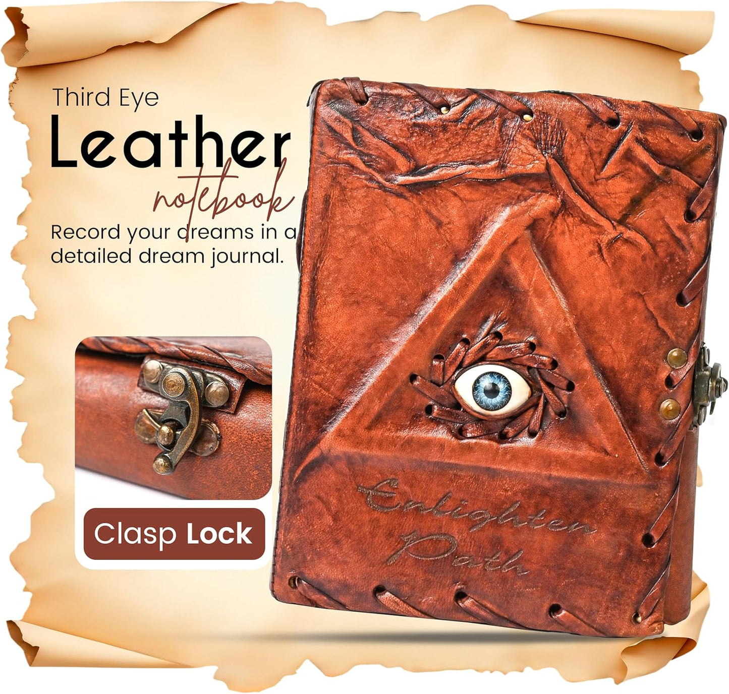 Hocus Pocus Book of Spells – Third Eye Leather Bound Journal with Vintage Clasp Lock – 200 Page Antique Deckle Edge Paper Grimoire Vintage Journal Witchcraft Gift for Men & Women