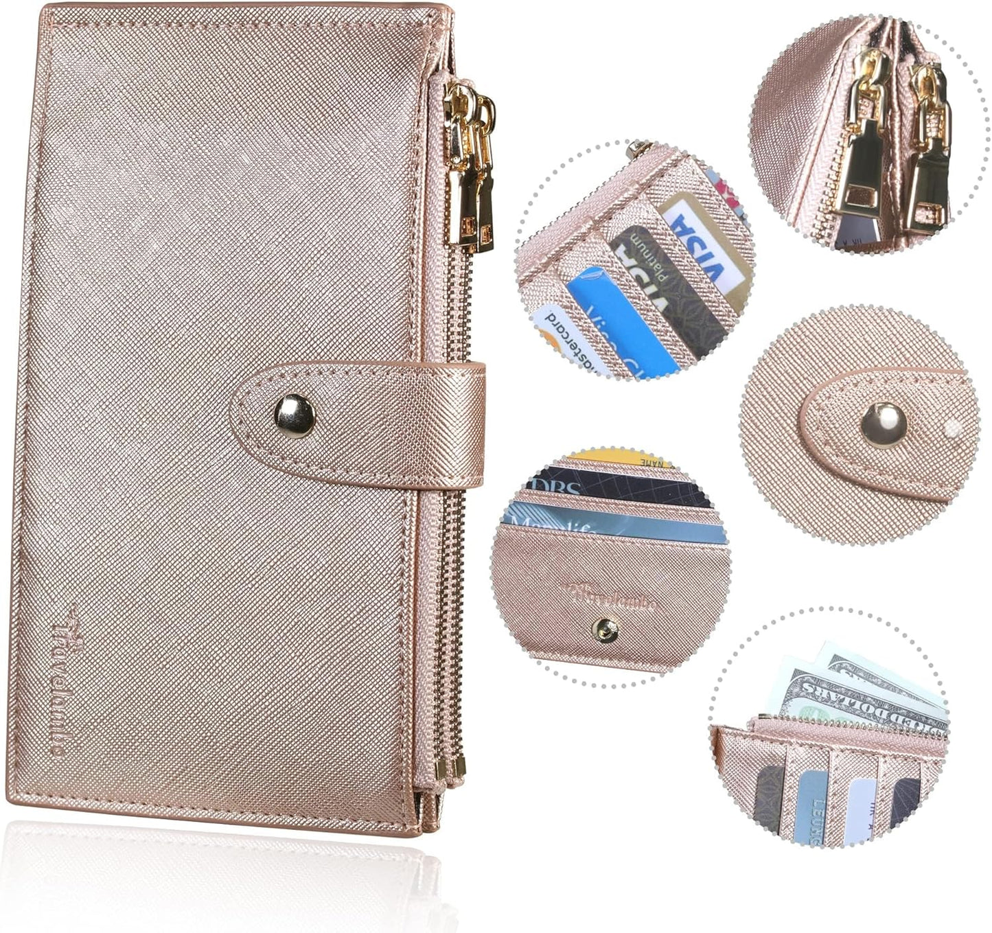 Travelambo RFID Wallet Women Large Size Bifold Multi Card Wallet Case with Zipper Pocke Credit Card Holder for Women