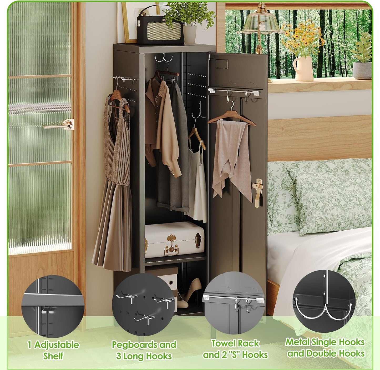 Aobabo Metal Storage Locker with Handle Lock, 54" H Steel Locker with Metal Hooks and Adjustable Shelf for School, Home, Office, Playroom, Assembly Required, Black