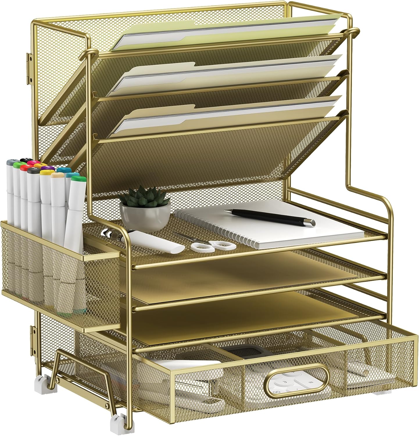 4-Tier Paper Organizer + 3-Pocket File Holder + Drawer + Pen Holders, Desktop File Organizers Paper Tray for Office Supplies School Classroom Organization (Gold, with Drawer & Pen Holder)