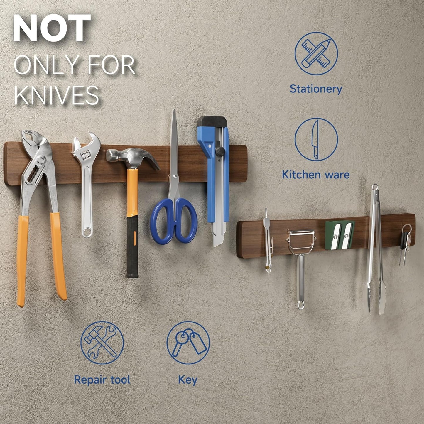 Magnetic Knife Holder for Wall, Acacia Wood Knife Magnetic Strip No Drill Knife Magnet Storage Bar Magnetic Tool Key Holder Strip for Kitchen Utensil Organizer (Dark Brown, 16 Inch)