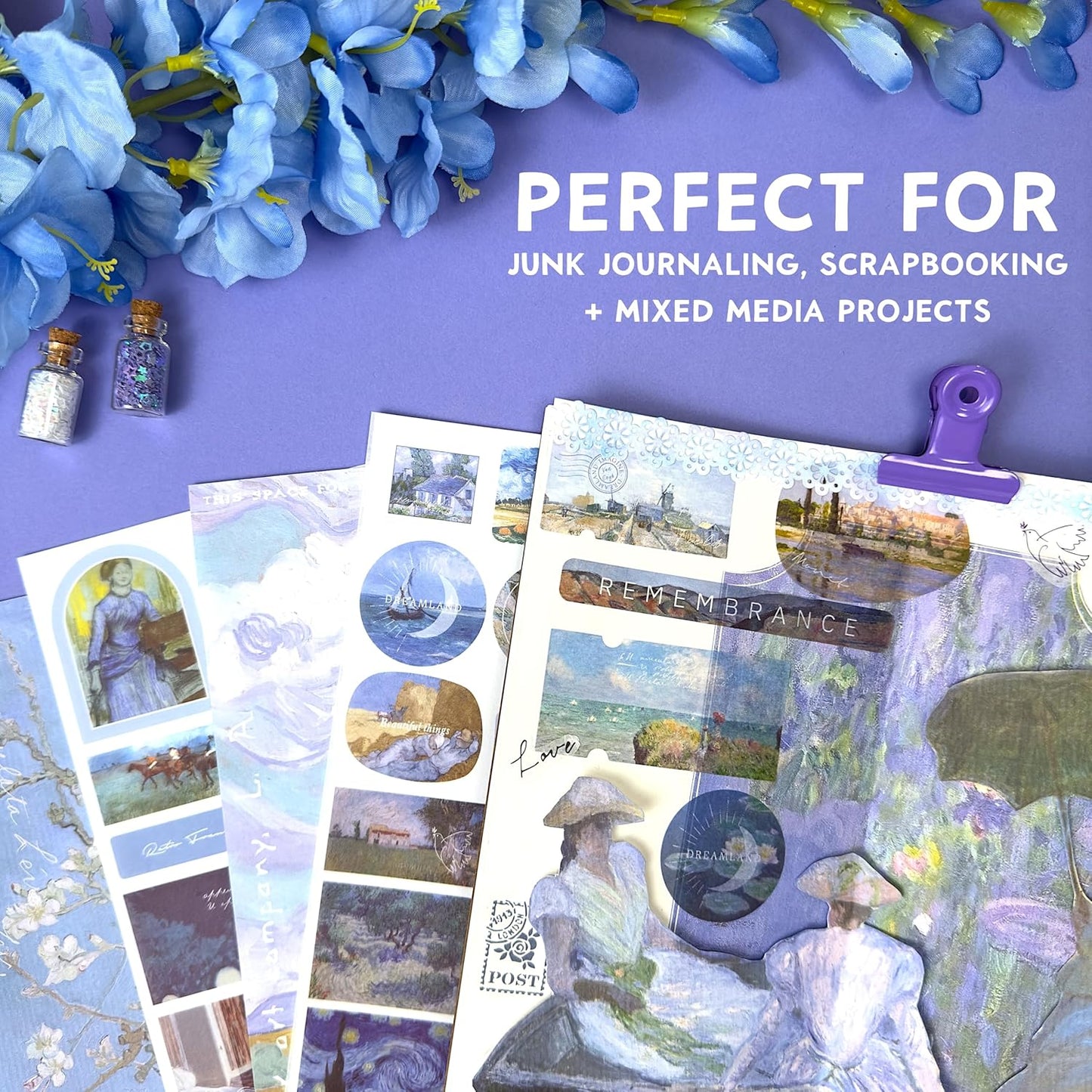 Vintage Journaling Supplies for Junk Journal - 487 Scrapbooking Stickers & 20 Ephemera Papers Washi Stickers with Art Famous Paintings