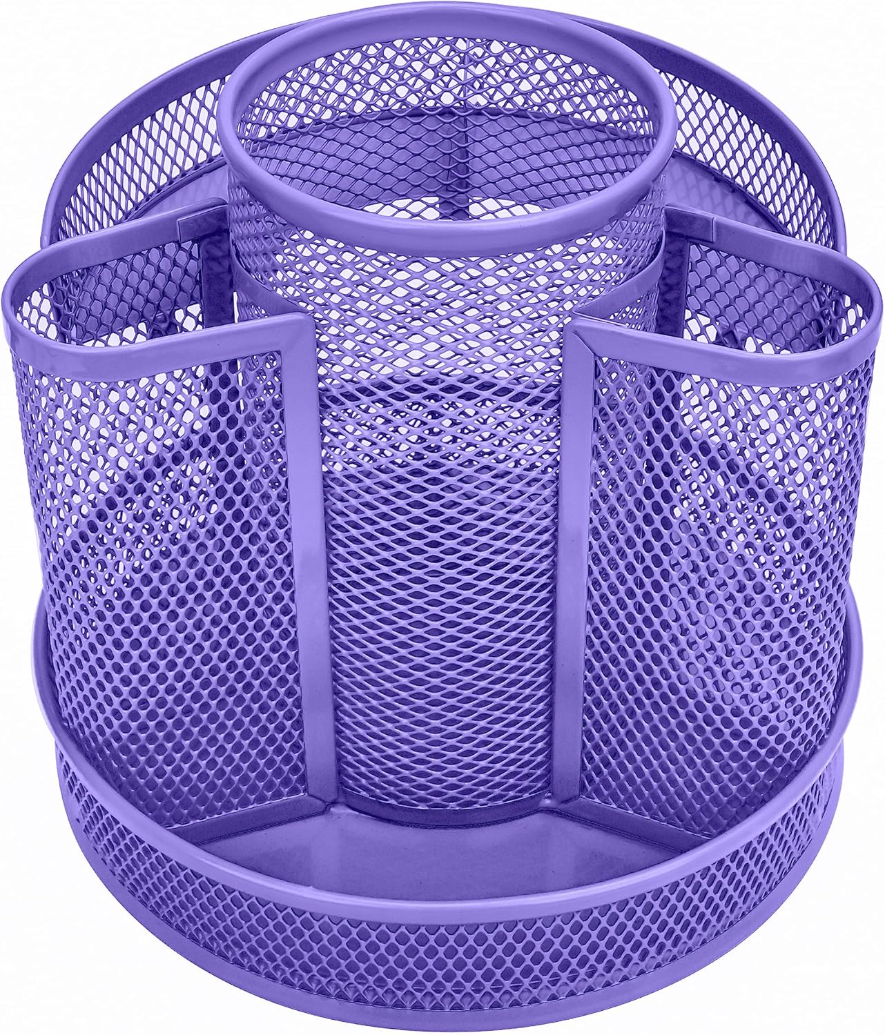 Annova Mesh Desk Organizer Rotate with 5 Compartments Round Spinning Tidy Candy/Pen Holder Desk Accessories Office, Art Supply, Storage, Classroom, Home (Purple)