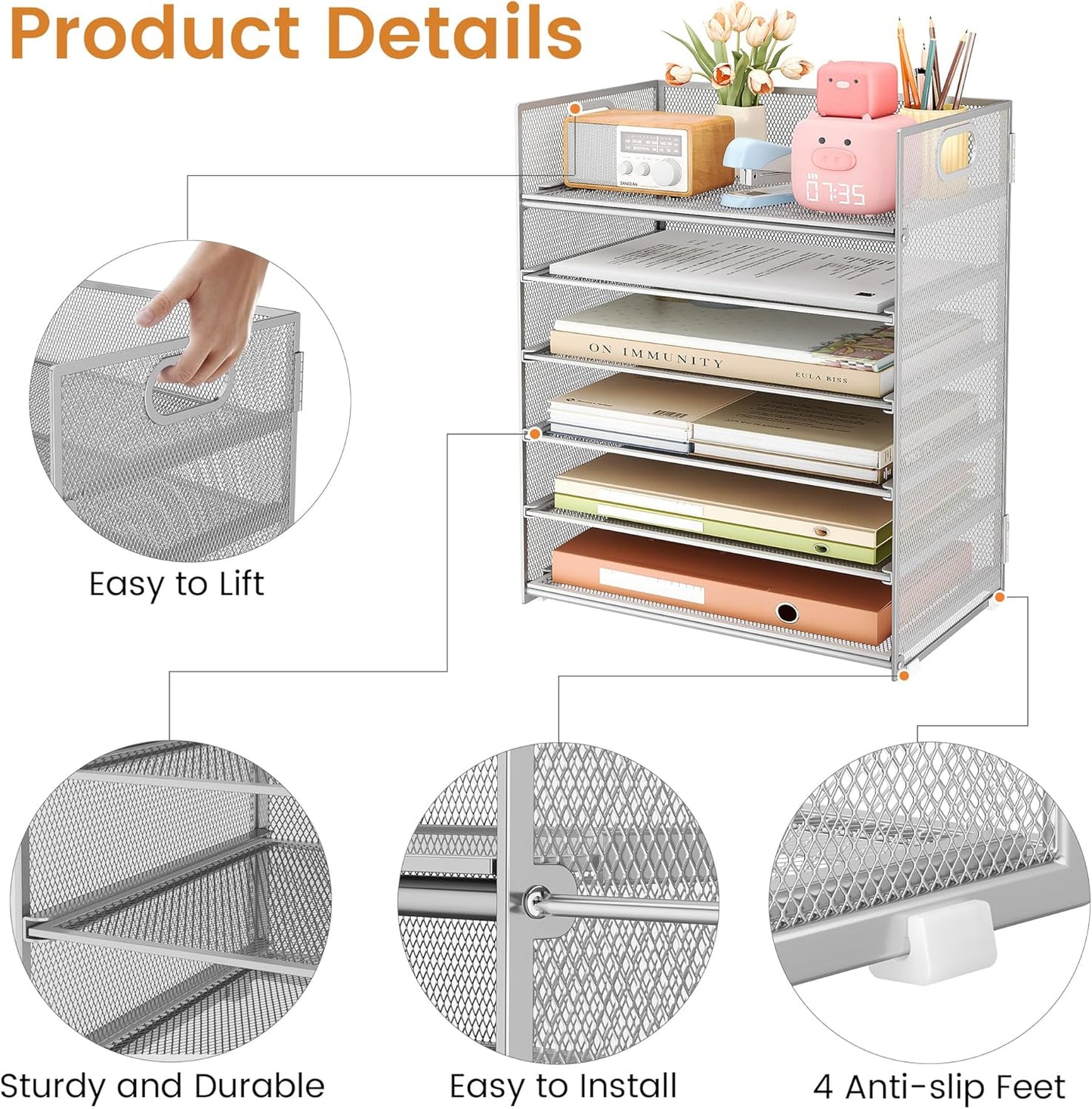 Subekyu 6-Tier Desk Paper Organizer, Desktop File Letter Tray with Handle, Document Sorter and Accessories Holder for Office, Home and School Workspace Organizers, Silver - 2 Pack